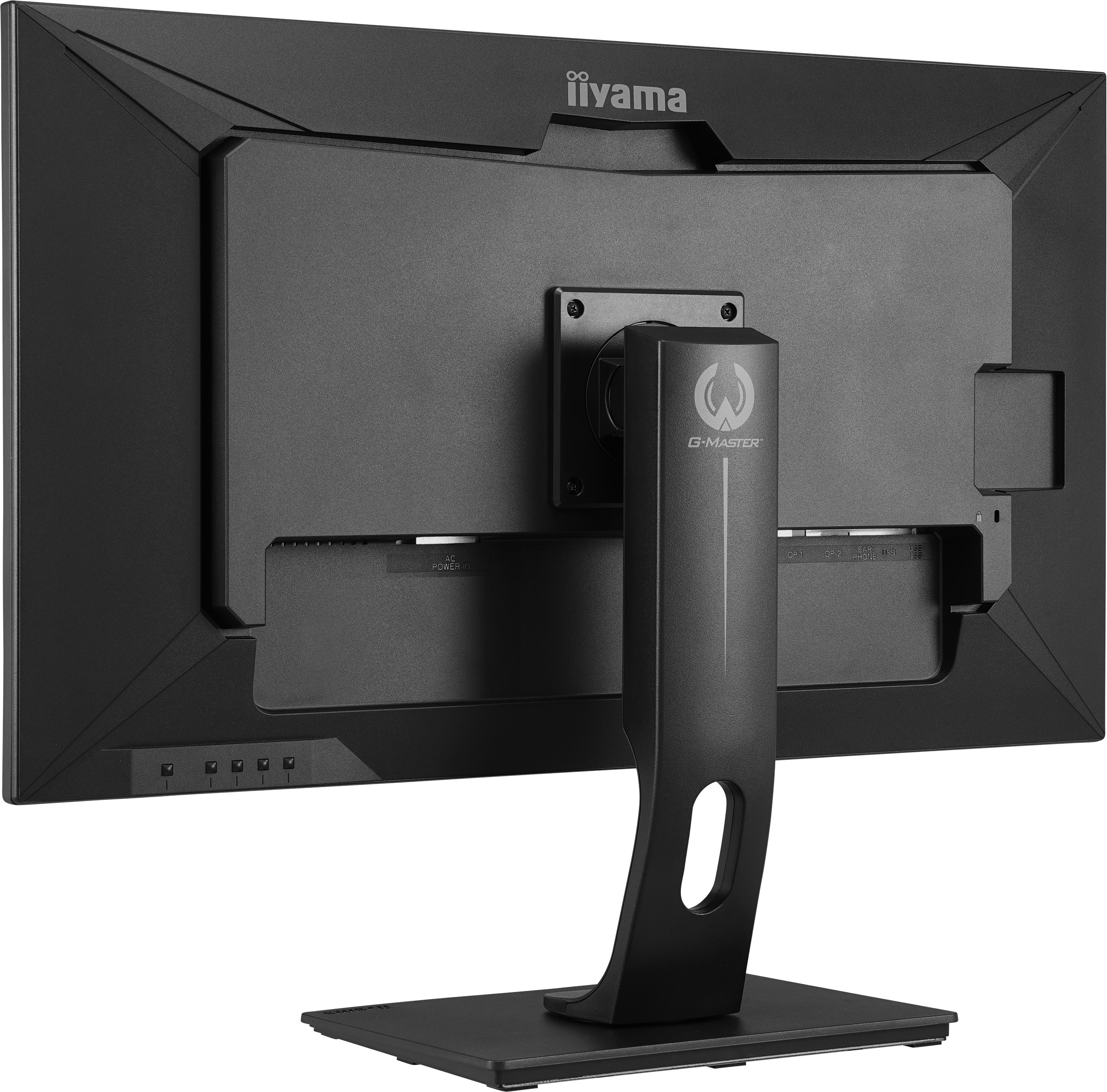 Tył czarnego monitora iiyama G-Master. Ma podstawę i różne porty. Widoczne jest logo iiyama.