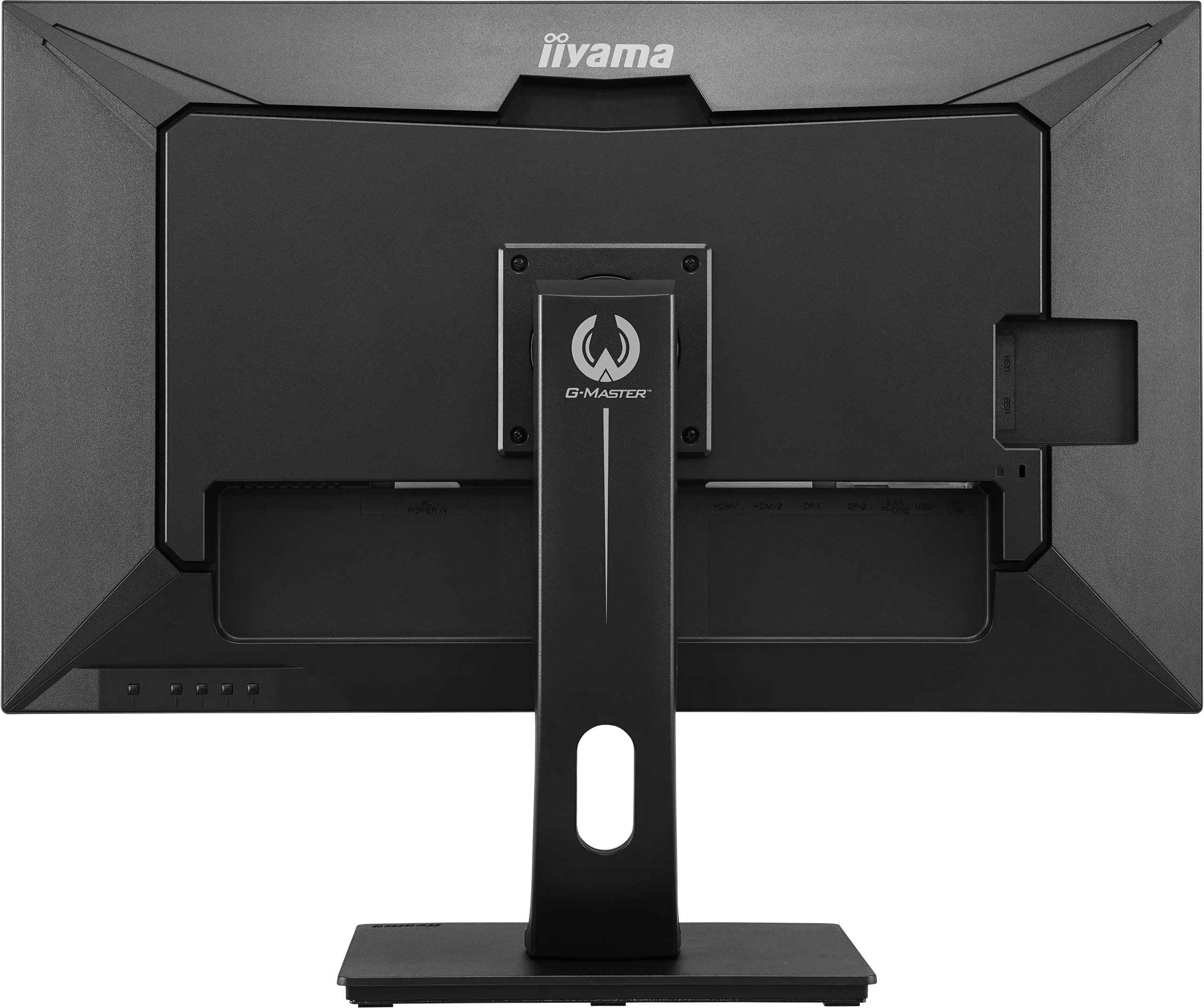 Czarny tył monitora ze stojakiem. Posiada porty zasilania, HDMI i DP. Widoczne logo iiyama i G-MASTER.