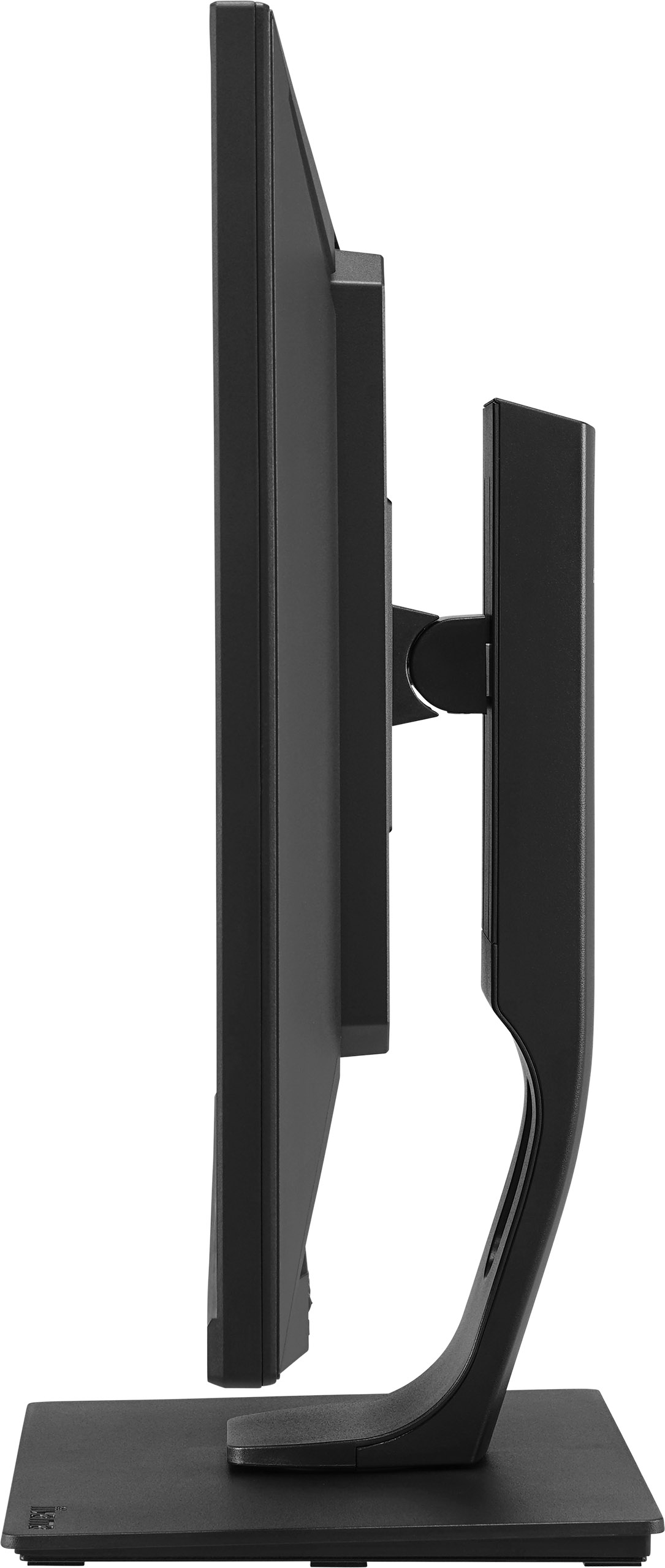 Widok z boku czarnego monitora komputera. Jest na stojaku. Ekran jest ciemny, a stojak jest zakrzywiony.