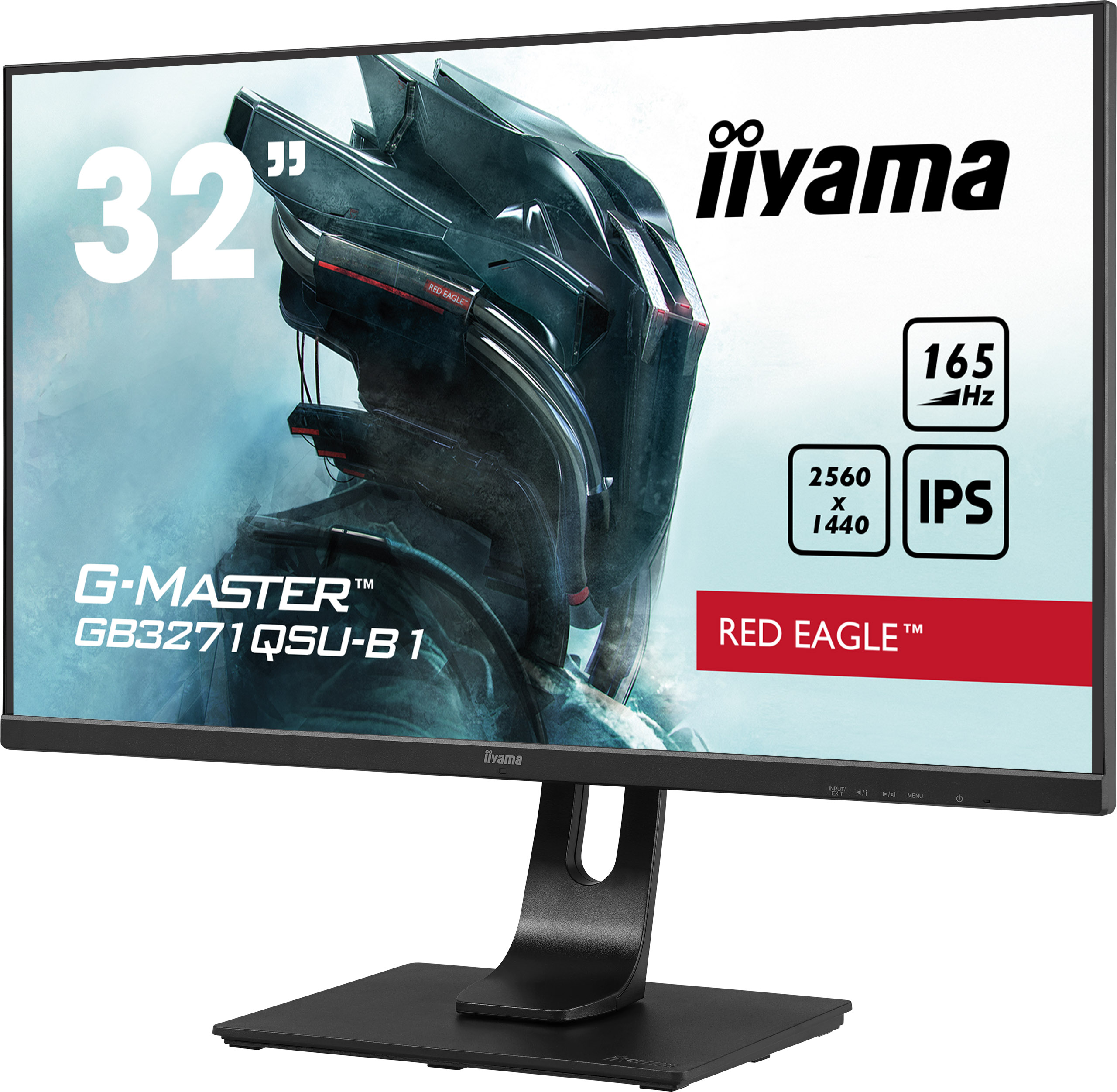 32-calowy monitor iiyama z futurystycznym designem na ekranie. Ma czarną podstawę i czerwony akcent.