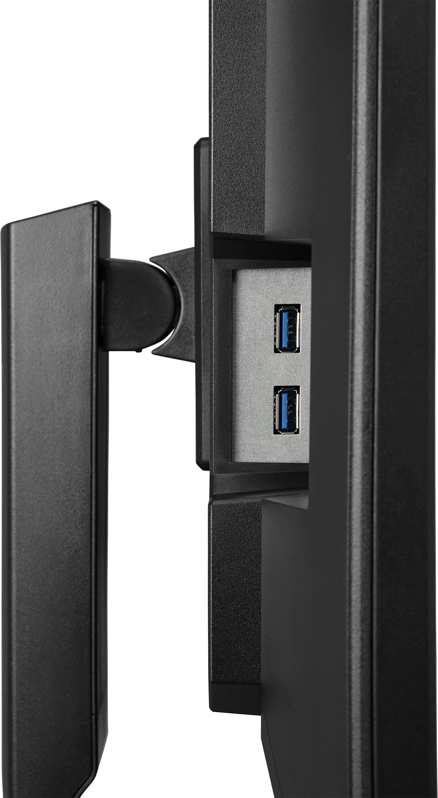 Zbliżenie czarnego monitora. Widoczne porty USB i stojak. Tło jest białe.