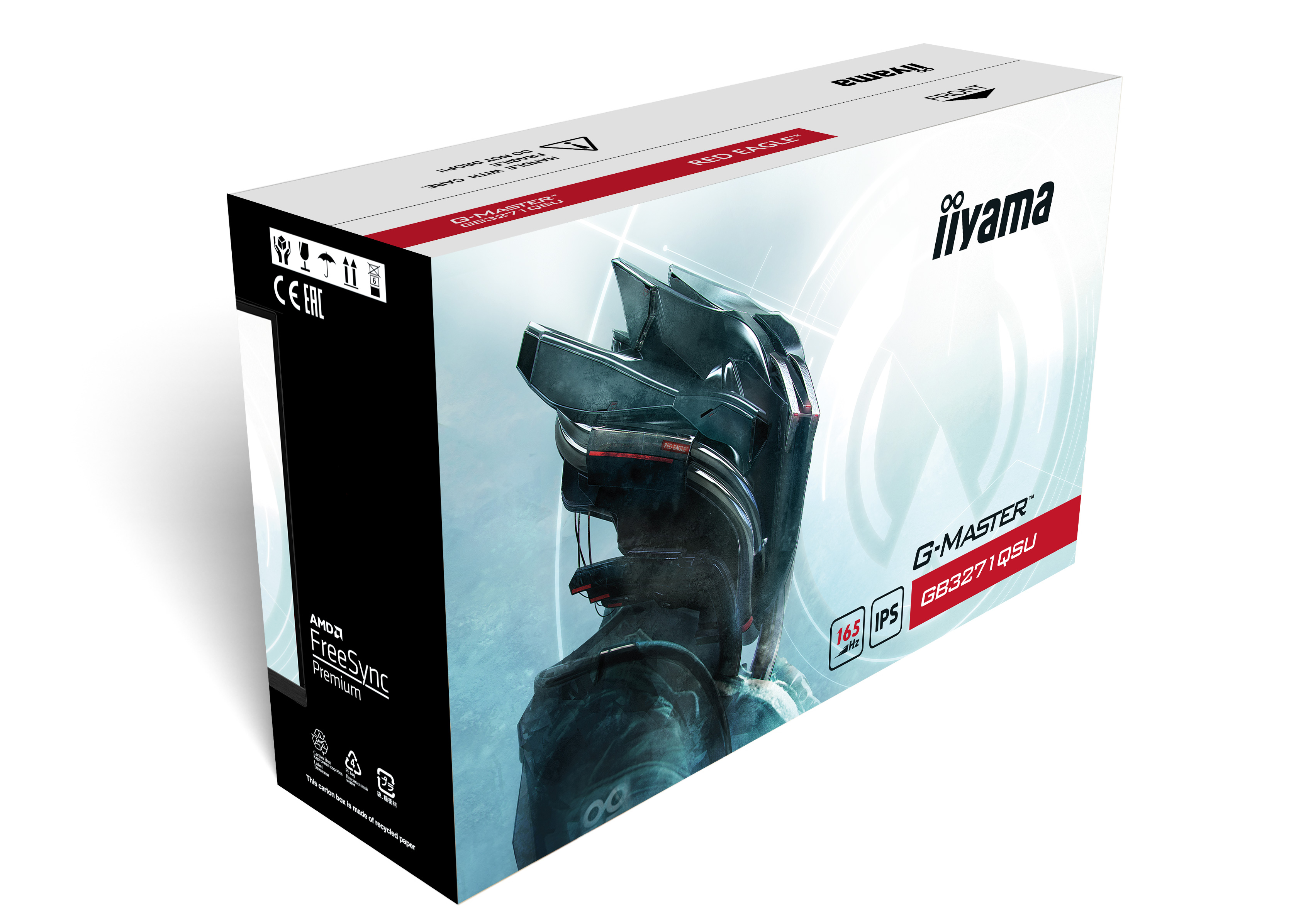 Pudełko monitora z futurystycznym designem. Posiada logo iiyama, G-MASTER i markę FreeSync.