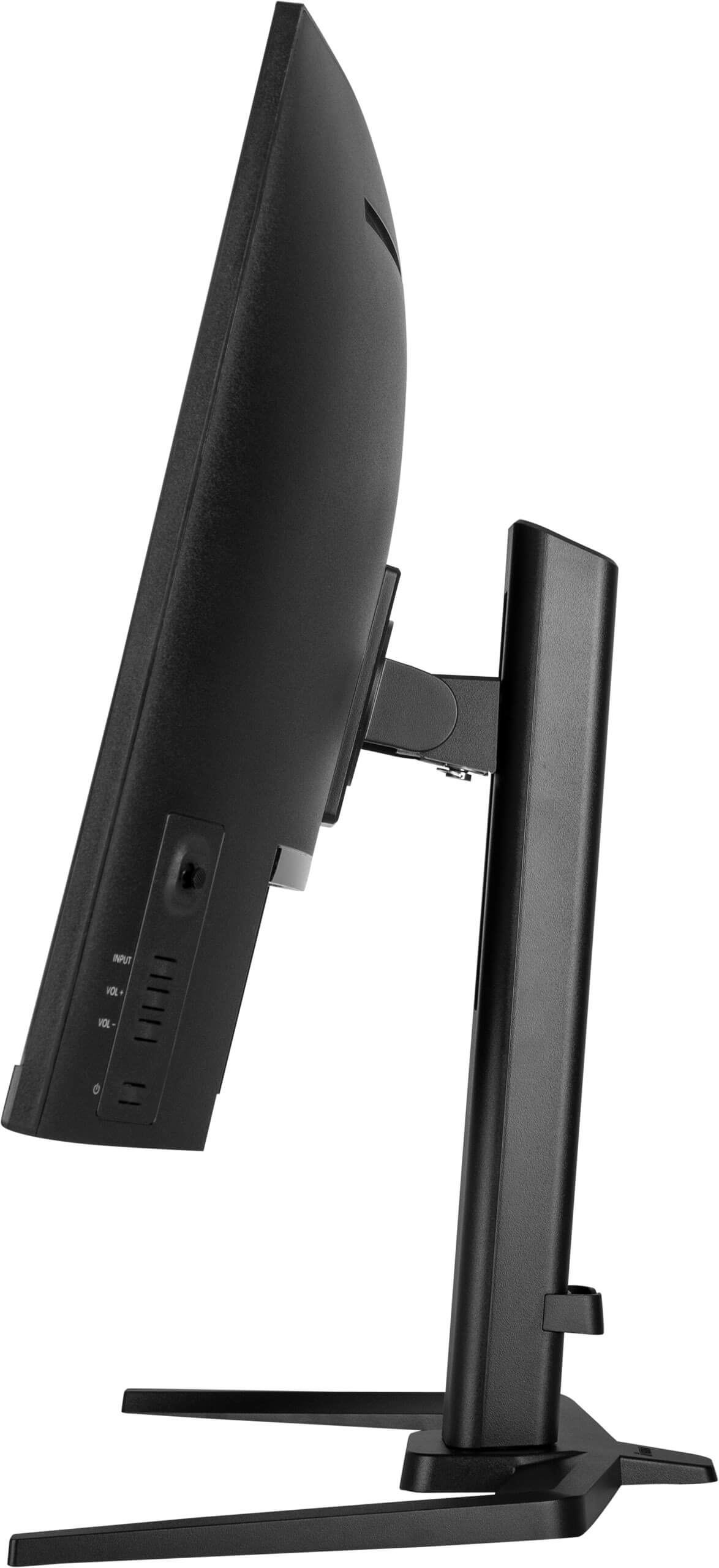 Czarny monitor komputerowy jest oglądany z boku. Stojak jest czarny, z szeroką podstawą. Ekran ma przycisk zasilania.