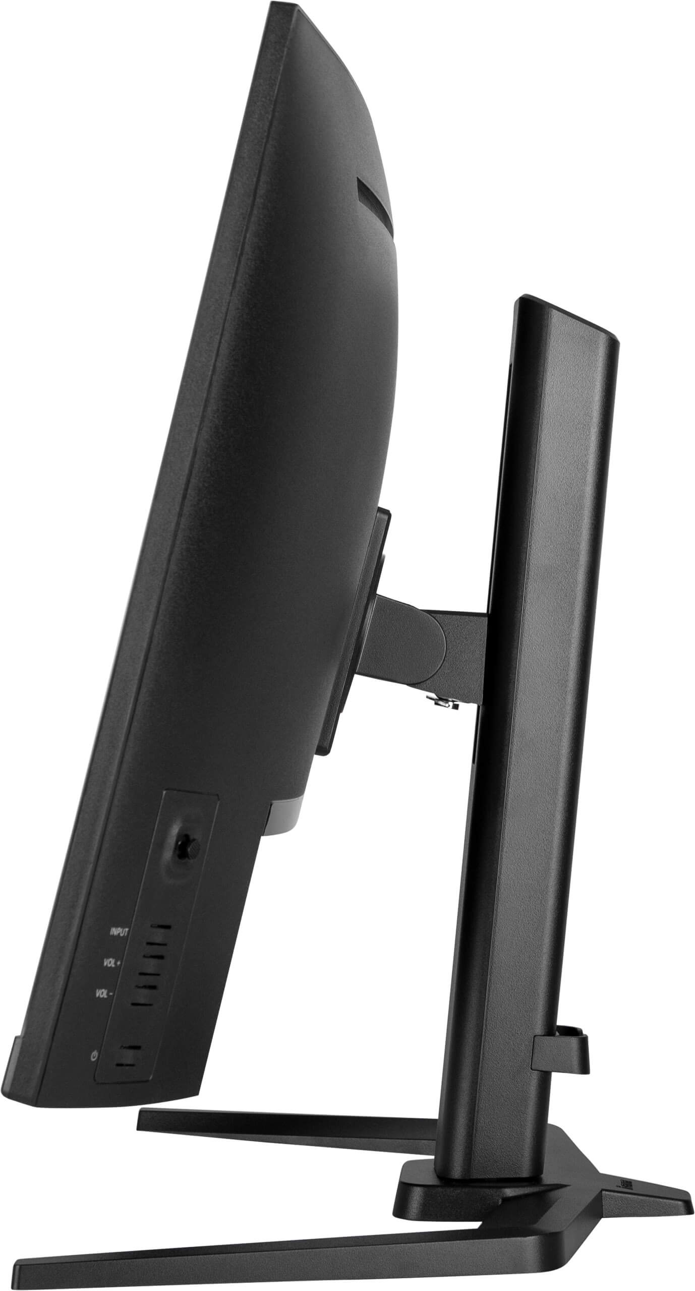 Czarny monitor komputera, ustawiony pod kątem. Widoczna podstawa, stojak i ekran. Elementy sterujące z boku.