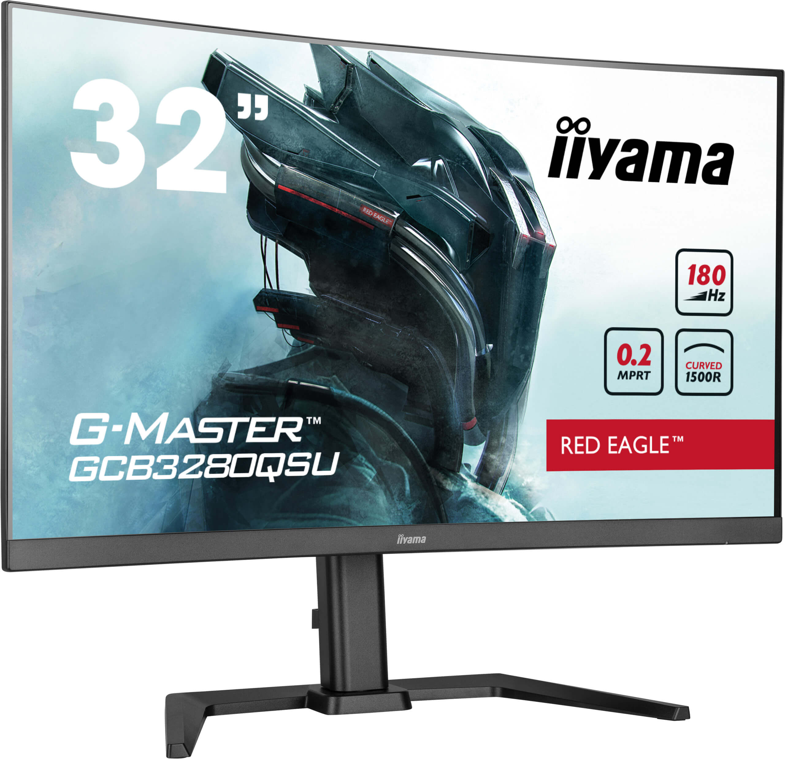 Zakrzywiony 32-calowy monitor iiyama. Wyświetla futurystyczną ilustrację. Cechy: 180Hz, 0.2 MPRT i branding Red Eagle.
