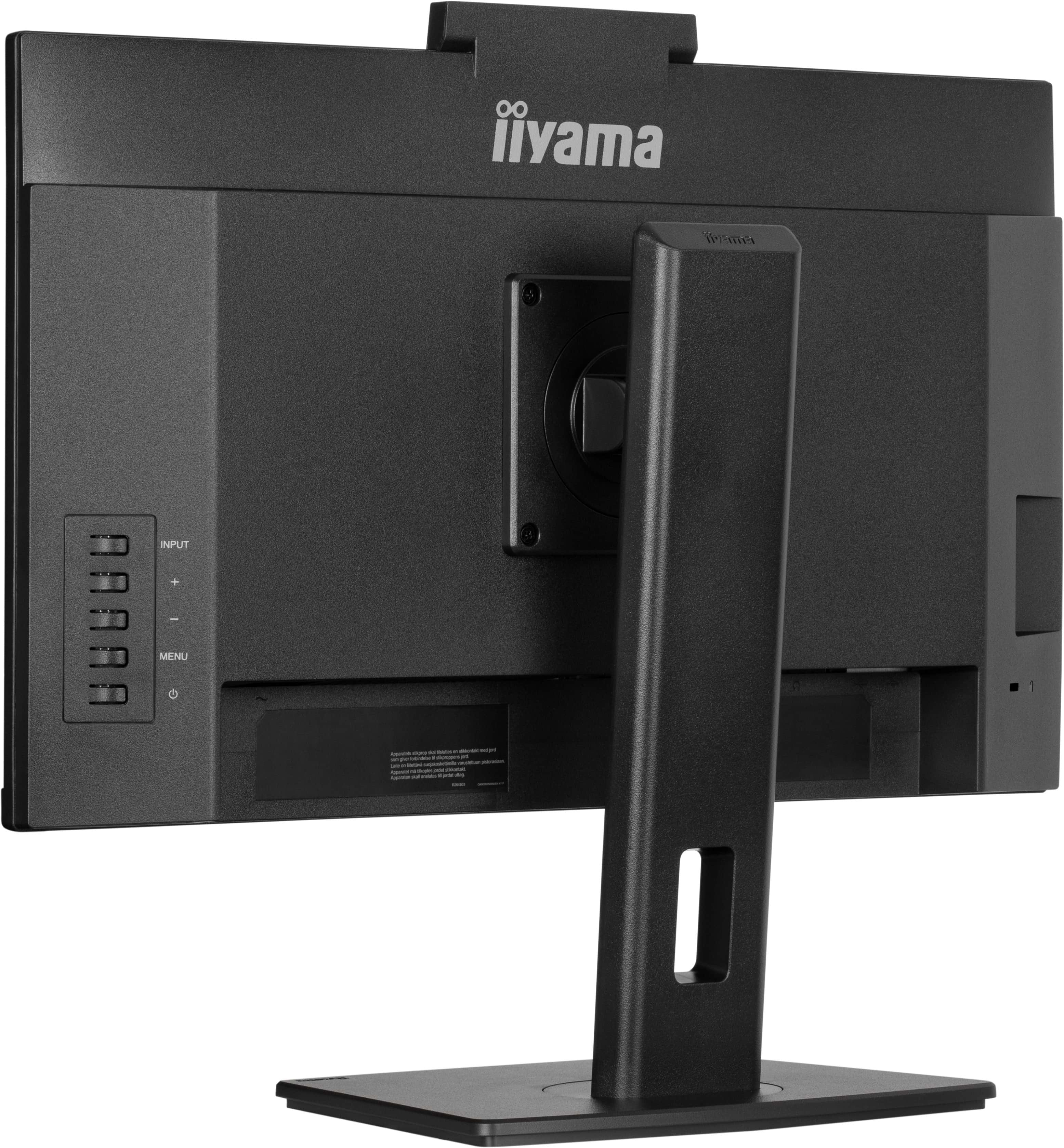 Die Rückseite eines schwarzen Computermonitors mit Ständer. Das Iiyama-Logo ist sichtbar.