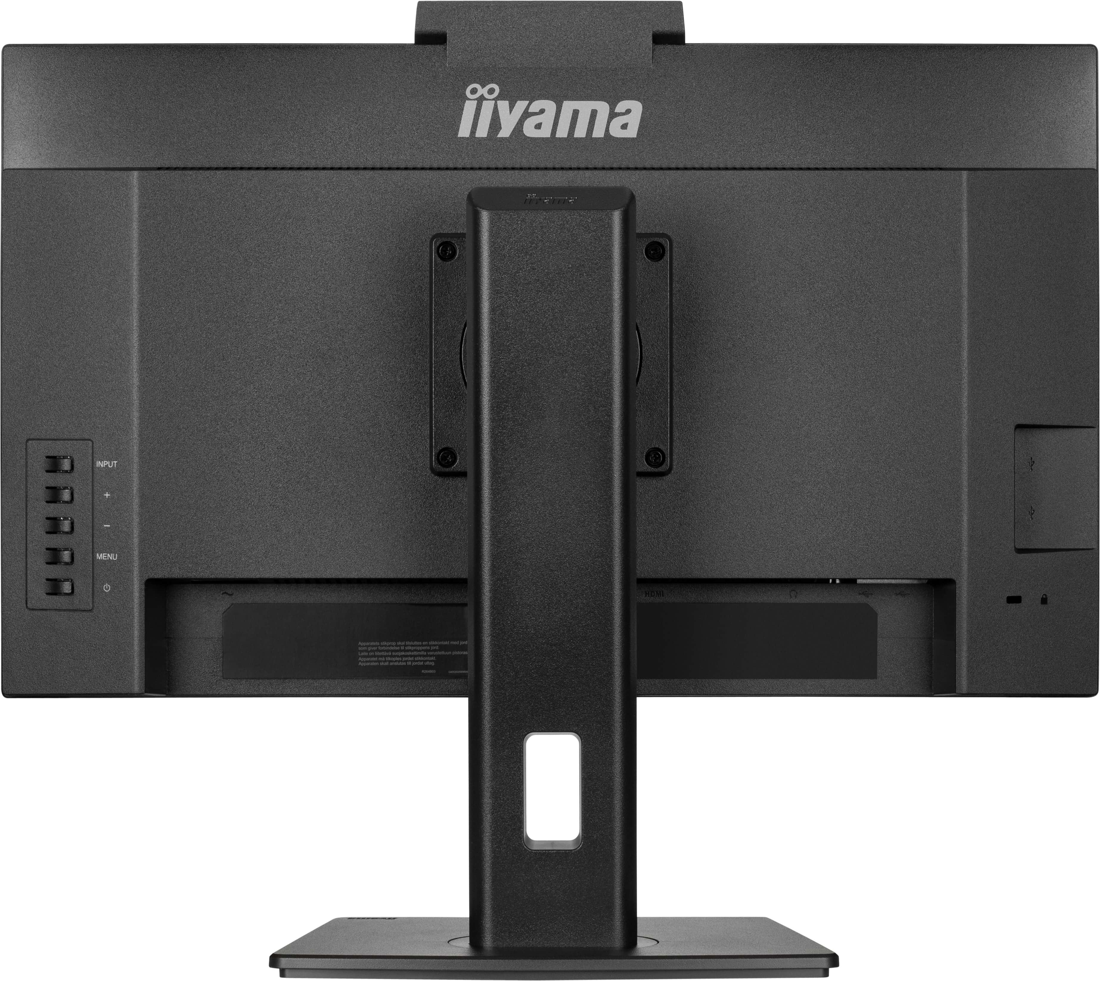 Rückansicht eines schwarzen Iiyama-Monitors. Es zeigt Anschlüsse, Knöpfe, den Ständer und das Markenlogo.