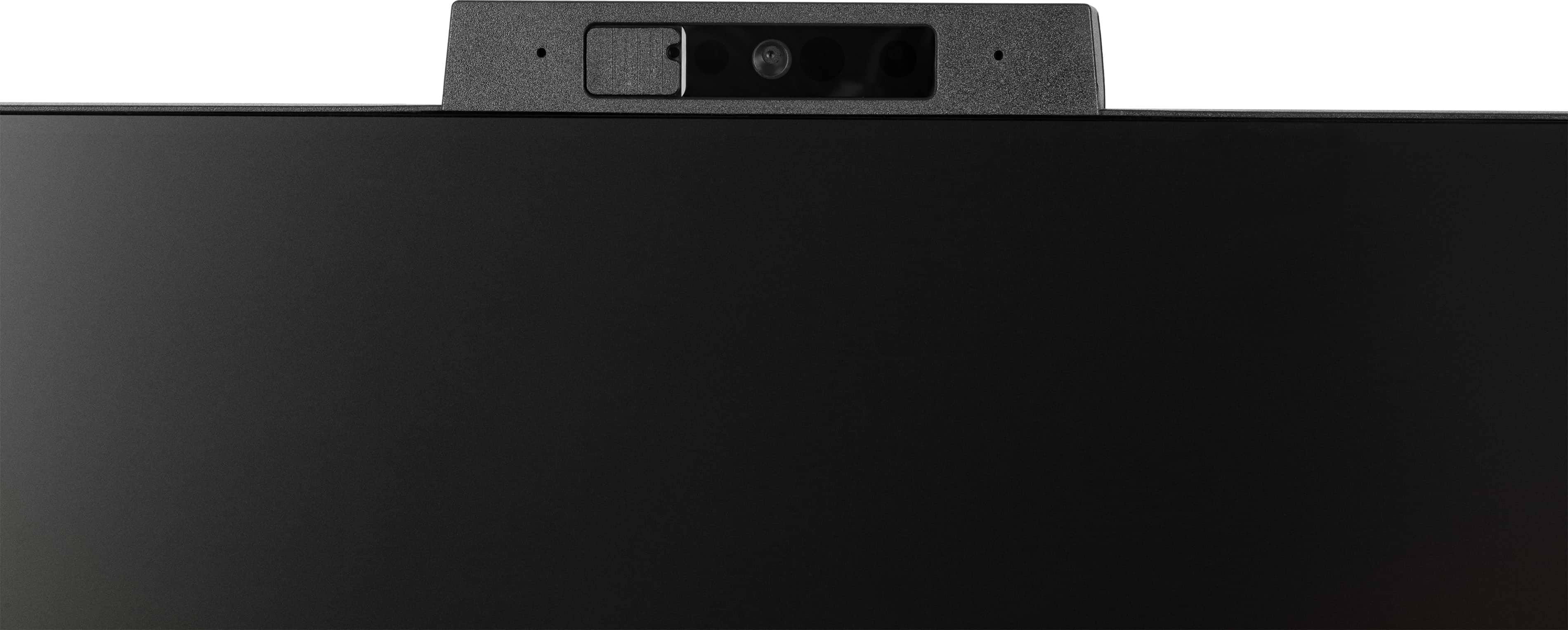 Ein schwarzer Computermonitor mit Webcam und Mikrofon oben. Der Bildschirm ist komplett schwarz.