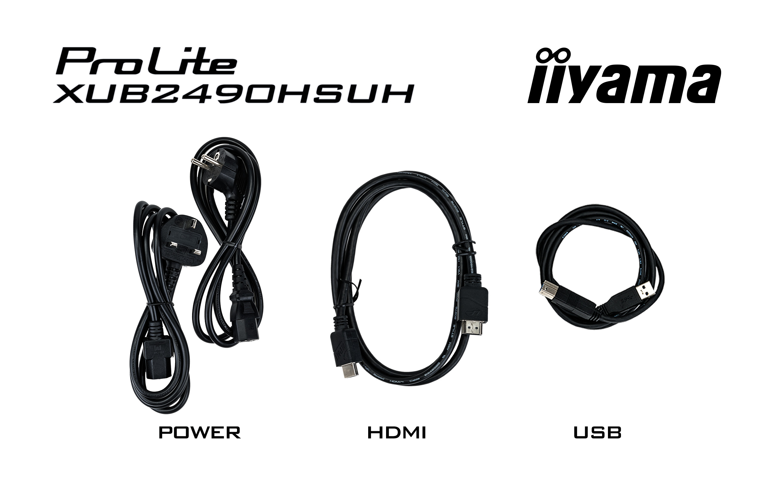 Das Bild zeigt drei Kabel: Strom-, HDMI- und USB-Kabel. Das Netzkabel ist aufgerollt. HDMI ist mit einem Kabel verbunden. USB-Kabel.