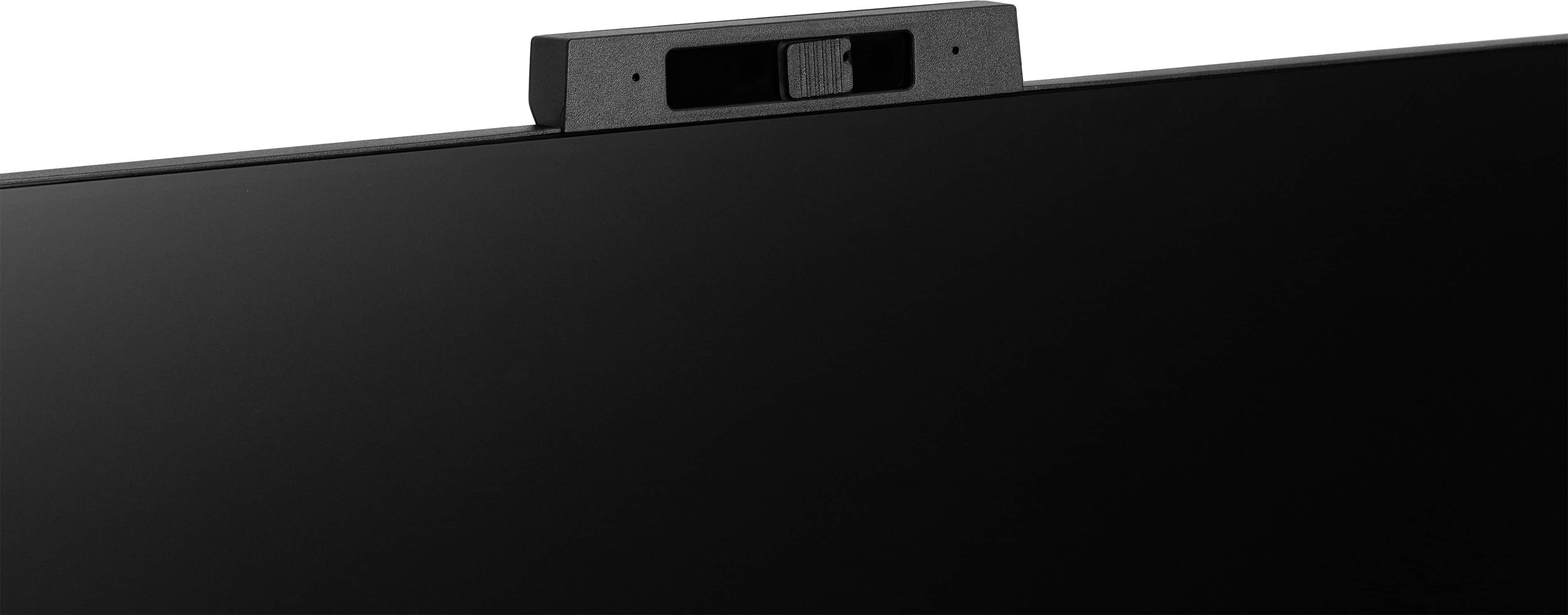 Nahaufnahme eines schwarzen Monitors mit einer Webcam oben. Die Webcam ist schwarz und rechteckig.