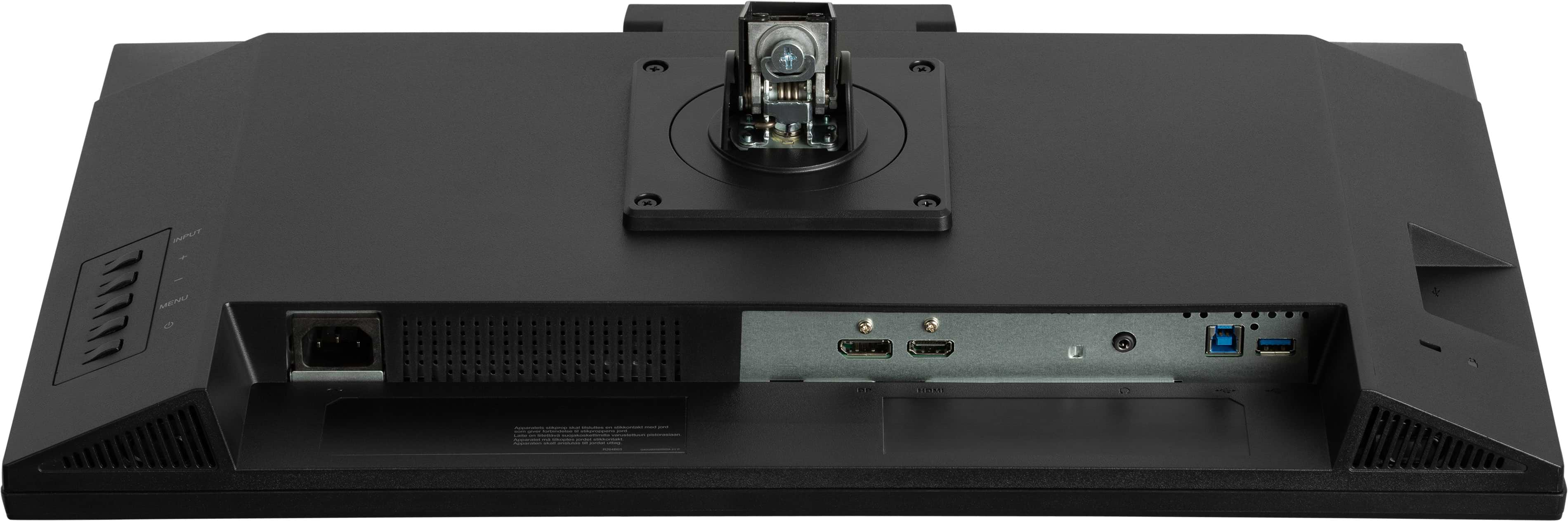 Rückseite eines schwarzen Computermonitors mit verschiedenen Anschlüssen, einem Ständer und Steuertasten.