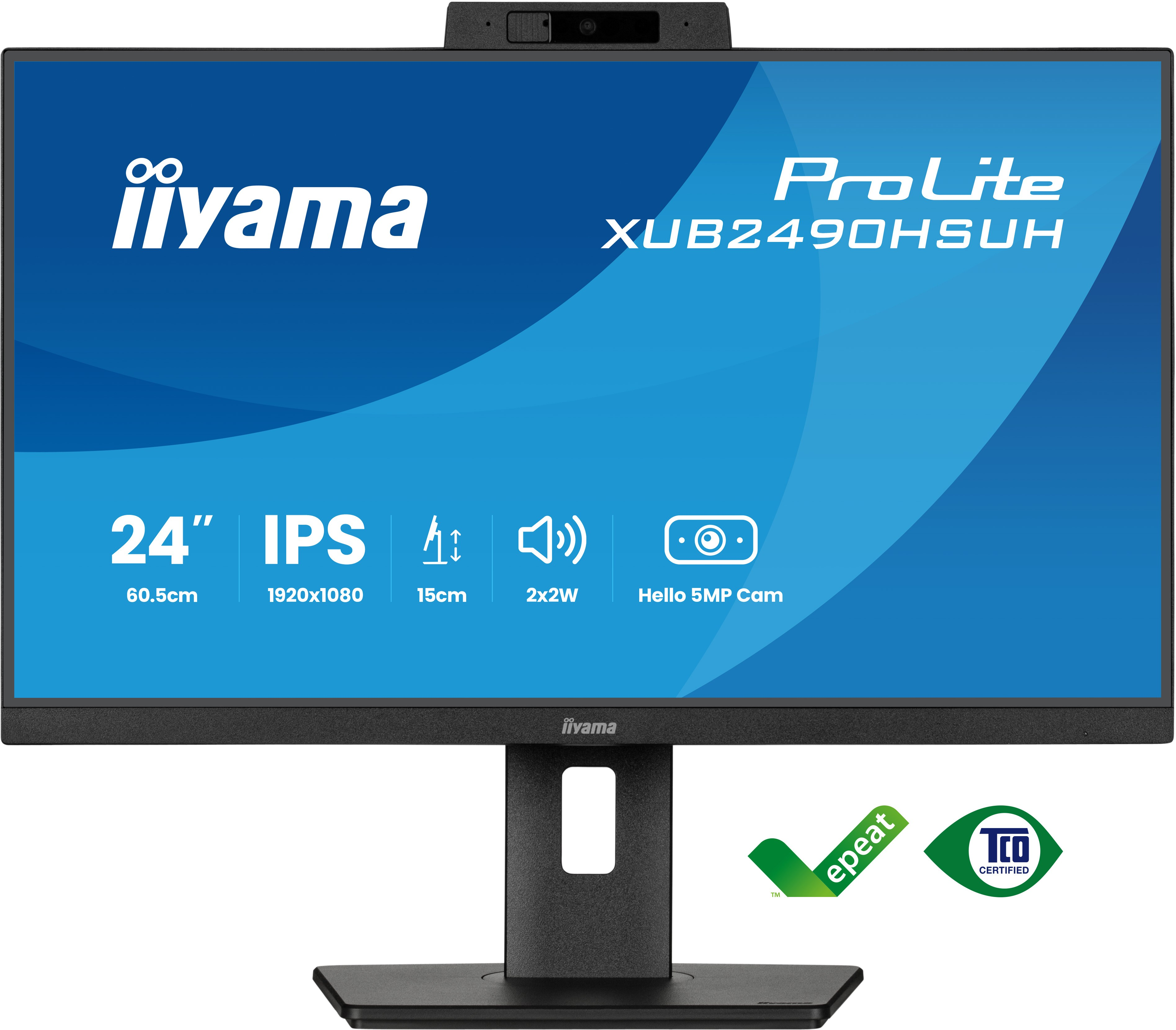 Ein schwarzer Iiyama ProLite-Monitor mit Webcam. Er hat IPS, 24 Zoll und weitere technische Details.