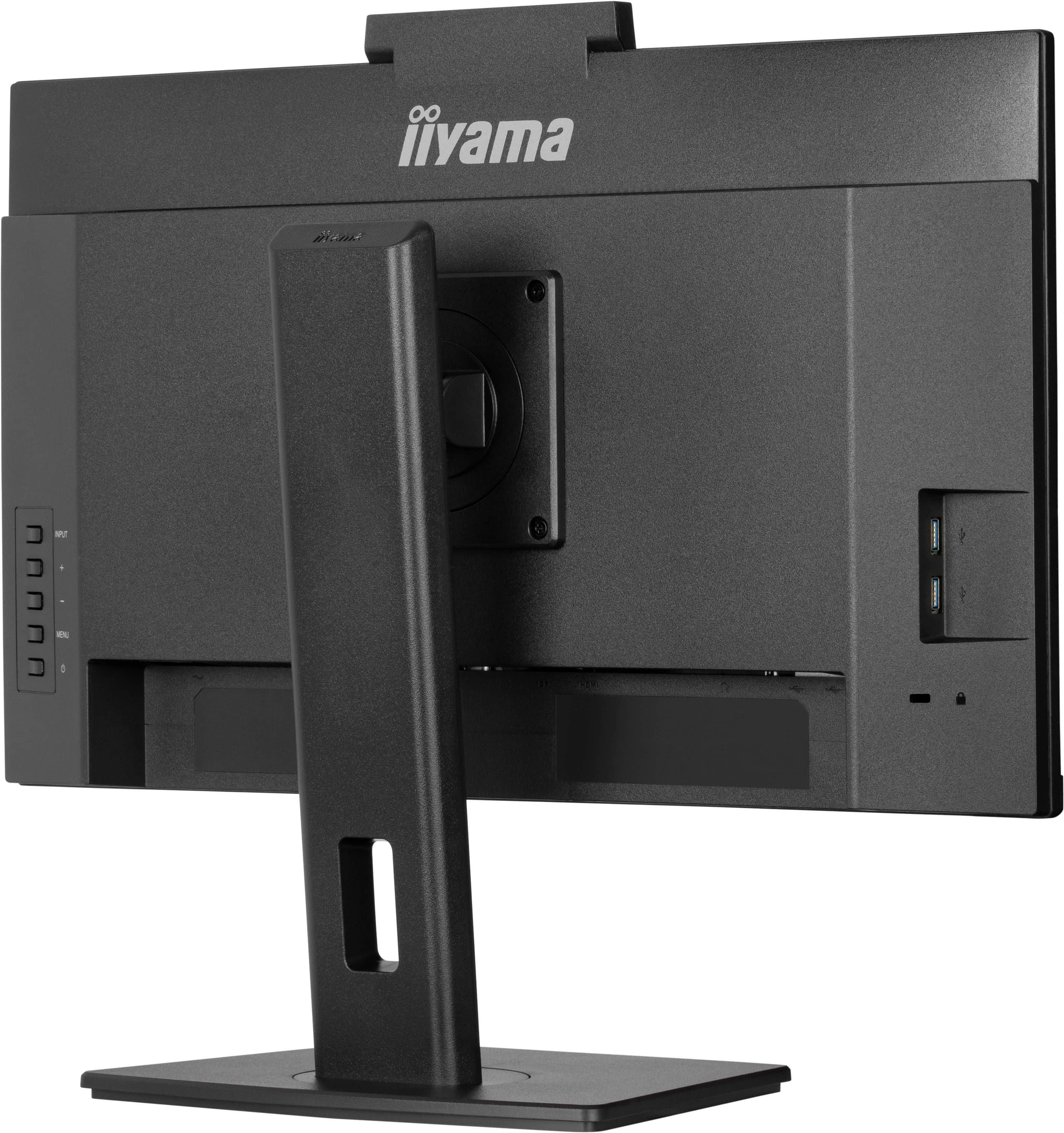 Rückseite eines schwarzen Computermonitors mit Ständer und iiyama-Logo. USB-Anschlüsse und Knöpfe sind ebenfalls sichtbar.