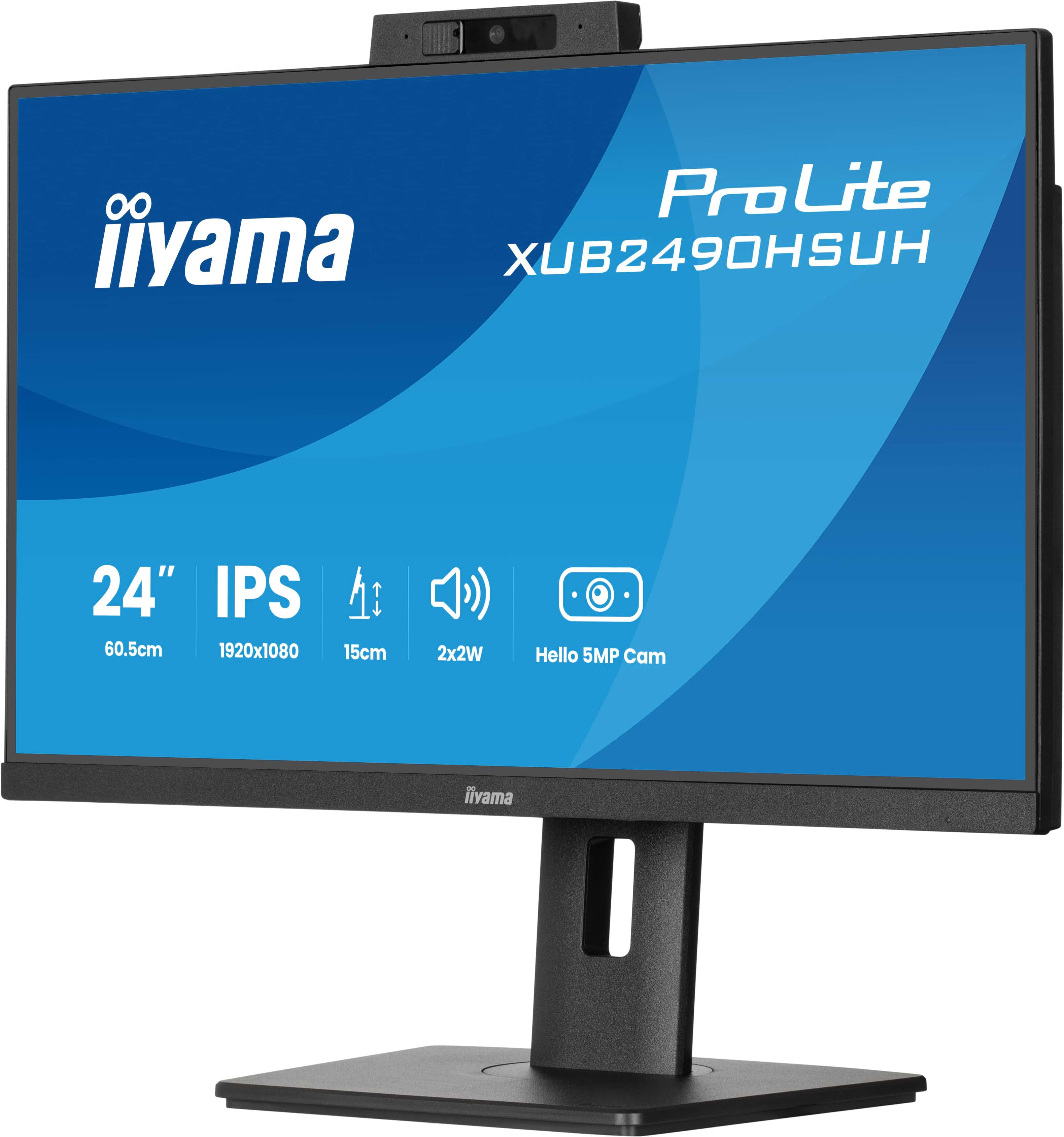Ein schwarzer Iiyama ProLite-Monitor mit Webcam. Zu den Spezifikationen gehören 24", IPS, 1920x1080 und Hello 5MP Cam.
