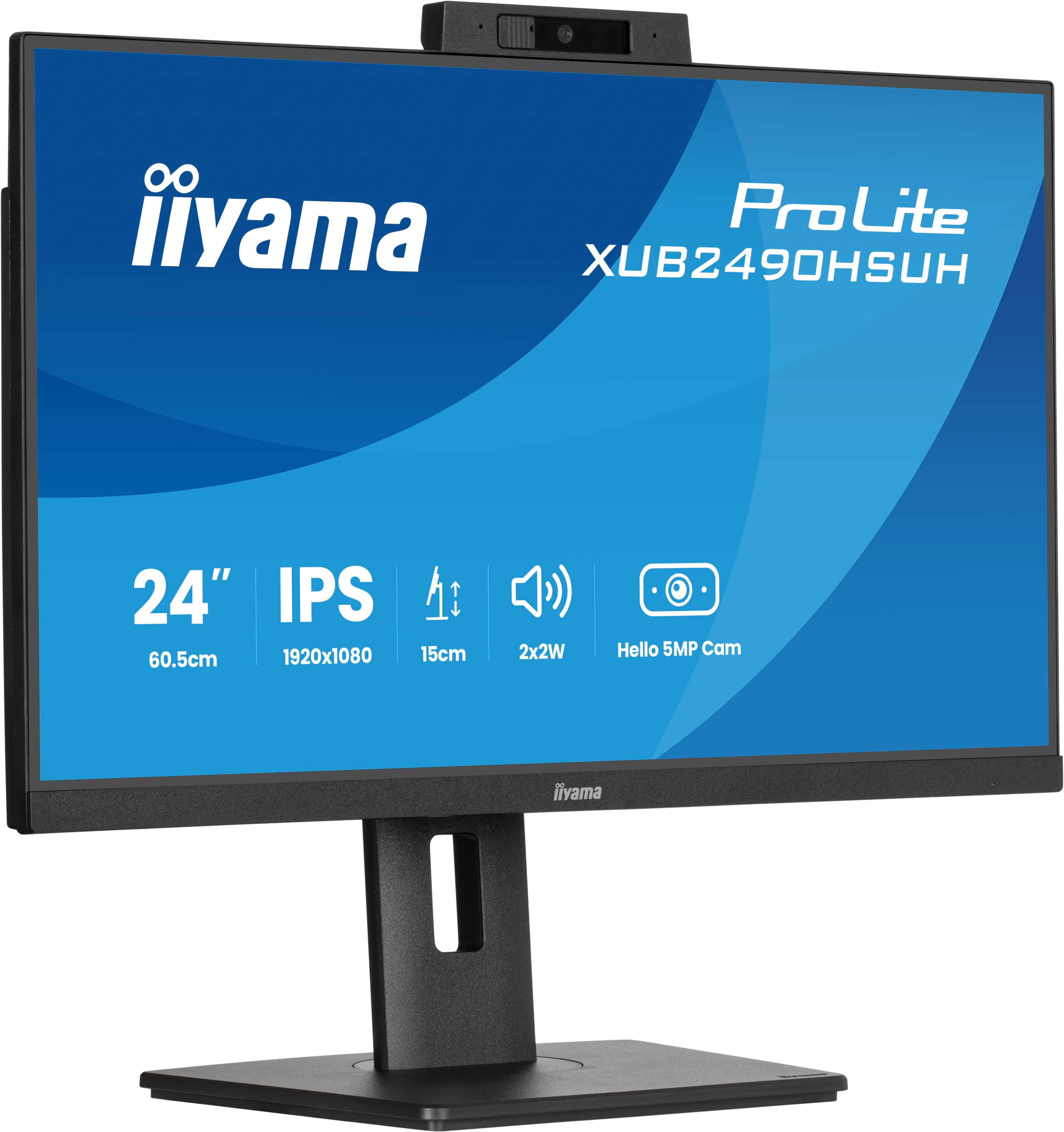 Ein schwarzer Computermonitor mit blauem Bildschirm, der die Marke iiyama und ProLite zeigt. Er hat eine Webcam oben und einen Ständer.