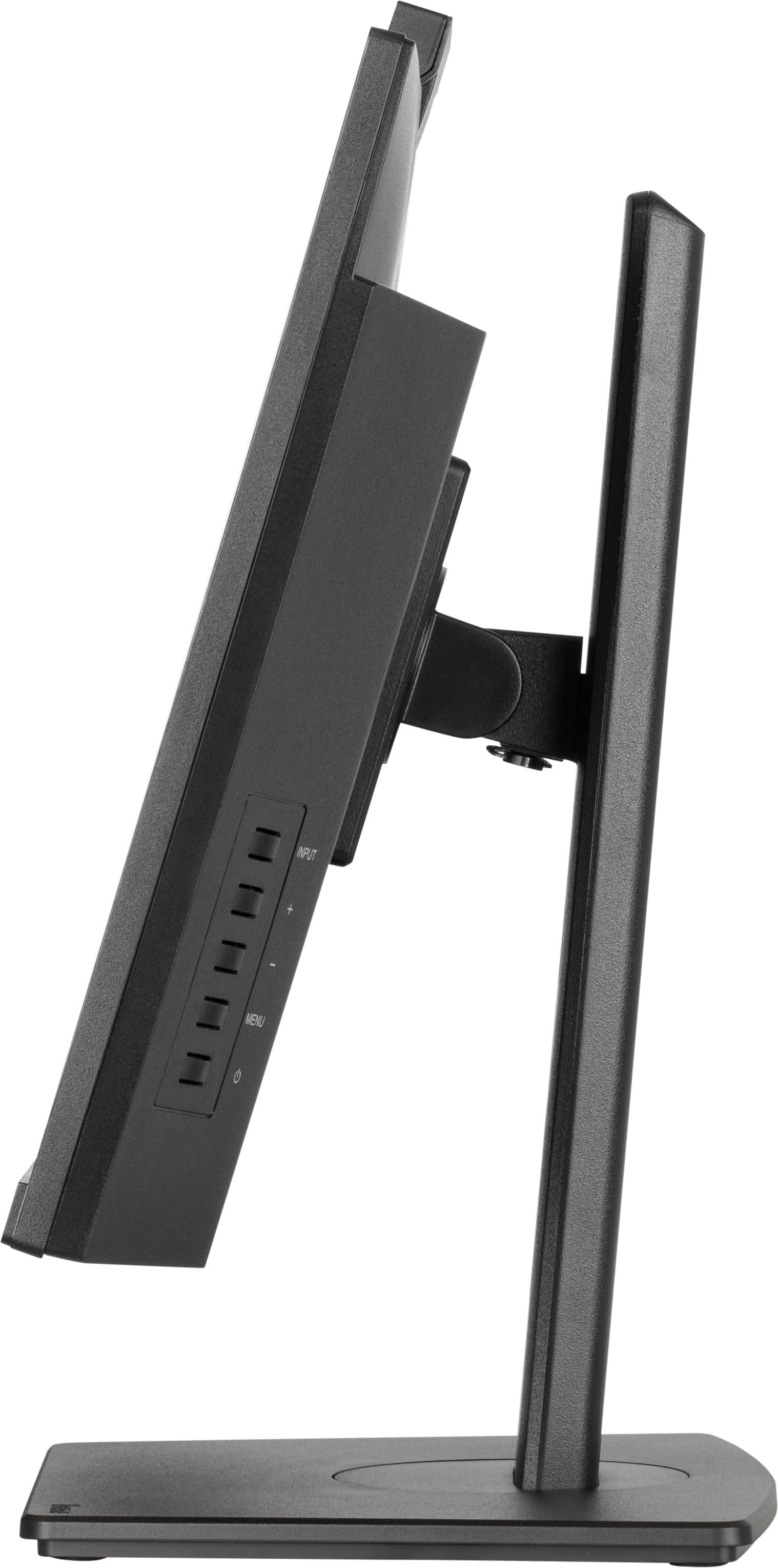 Ein schwarzer Computermonitor wird von der Seite gezeigt. Er hat einen Ständer, Knöpfe und Eingangsanschlüsse.