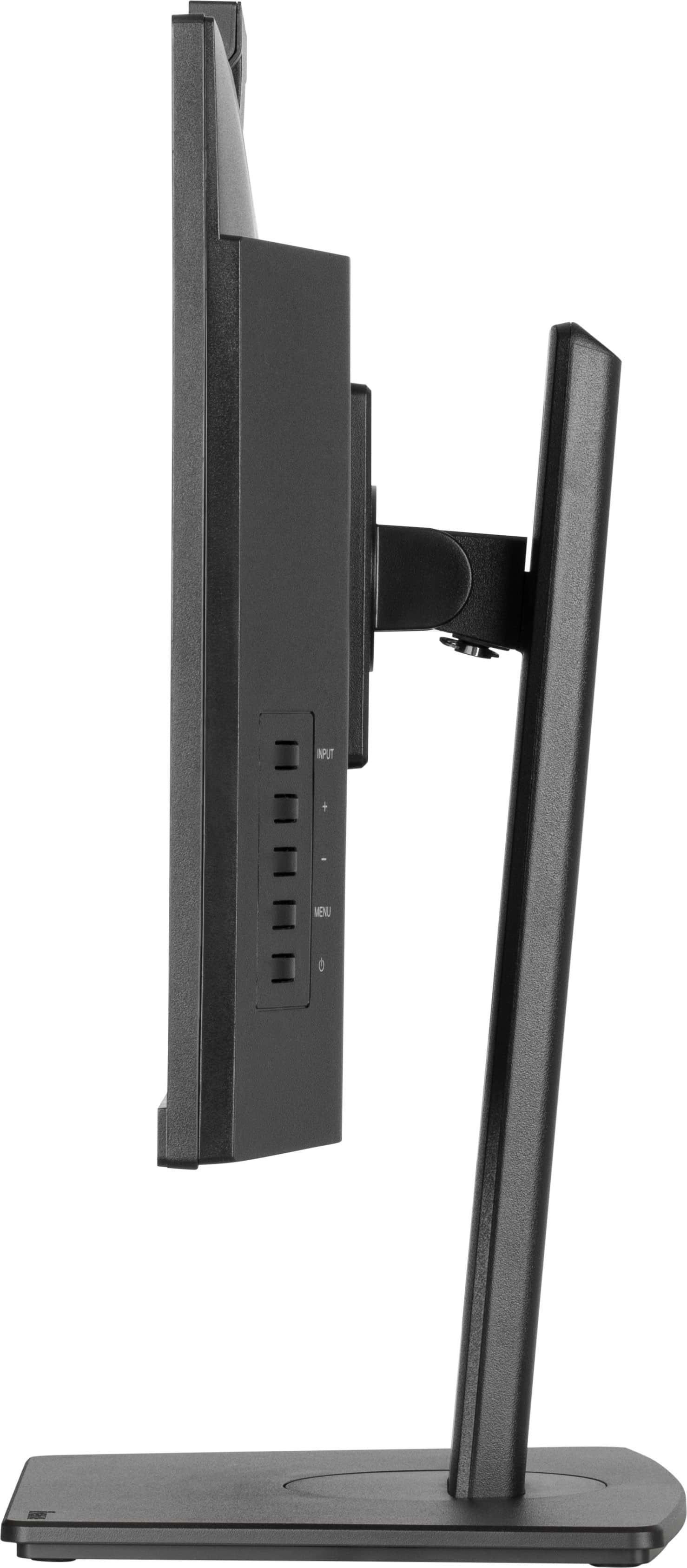 Ein schwarzer Computermonitor mit Ständer. Der Bildschirm ist schwarz, die Bedienelemente sind an der Seite. Der Ständer ist auch schwarz.