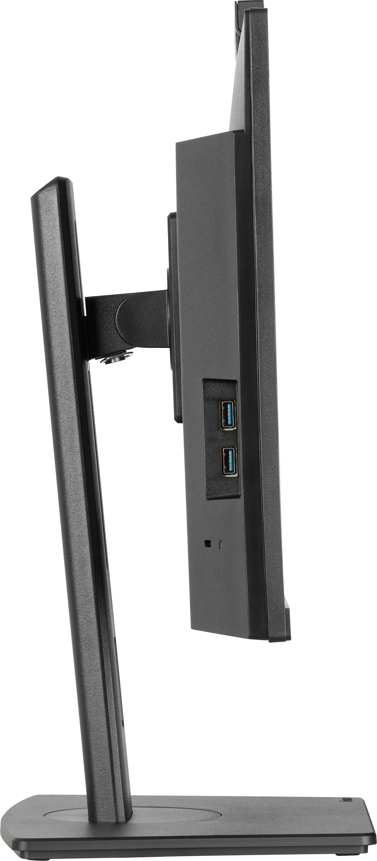 Seitenansicht eines schwarzen Computermonitors. Es hat einen Ständer, einen schwarzen Rahmen und USB-Anschlüsse. Der Hintergrund ist weiß.