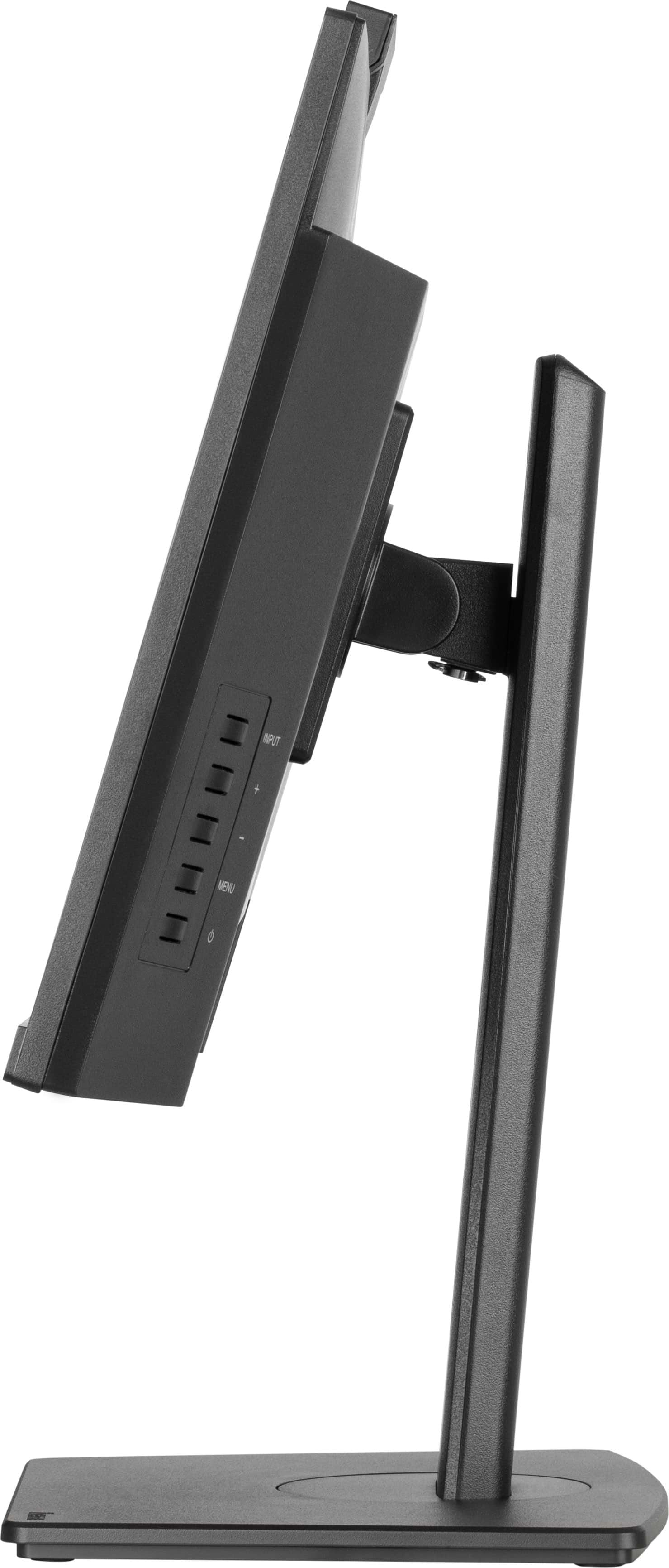 Schwarzer Computermonitor, Seitenansicht. Das Display ist abgewinkelt. Ständer und Sockel sind schwarz. Tasten und Anschlüsse sind sichtbar.