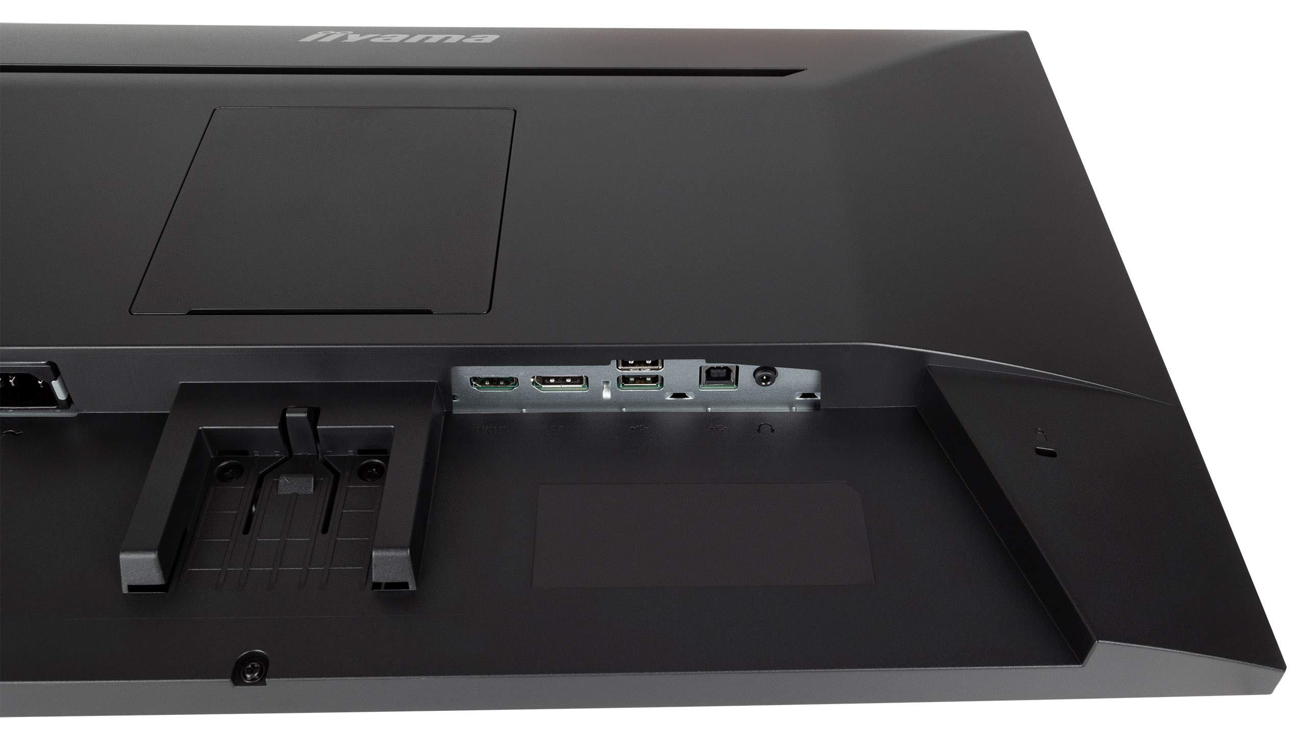 Nahaufnahme der Rückseite eines schwarzen Iiyama-Monitors. Anschlüsse für HDMI, USB und Strom sind sichtbar. Eine Ständerhalterung ist ebenfalls vorhanden.