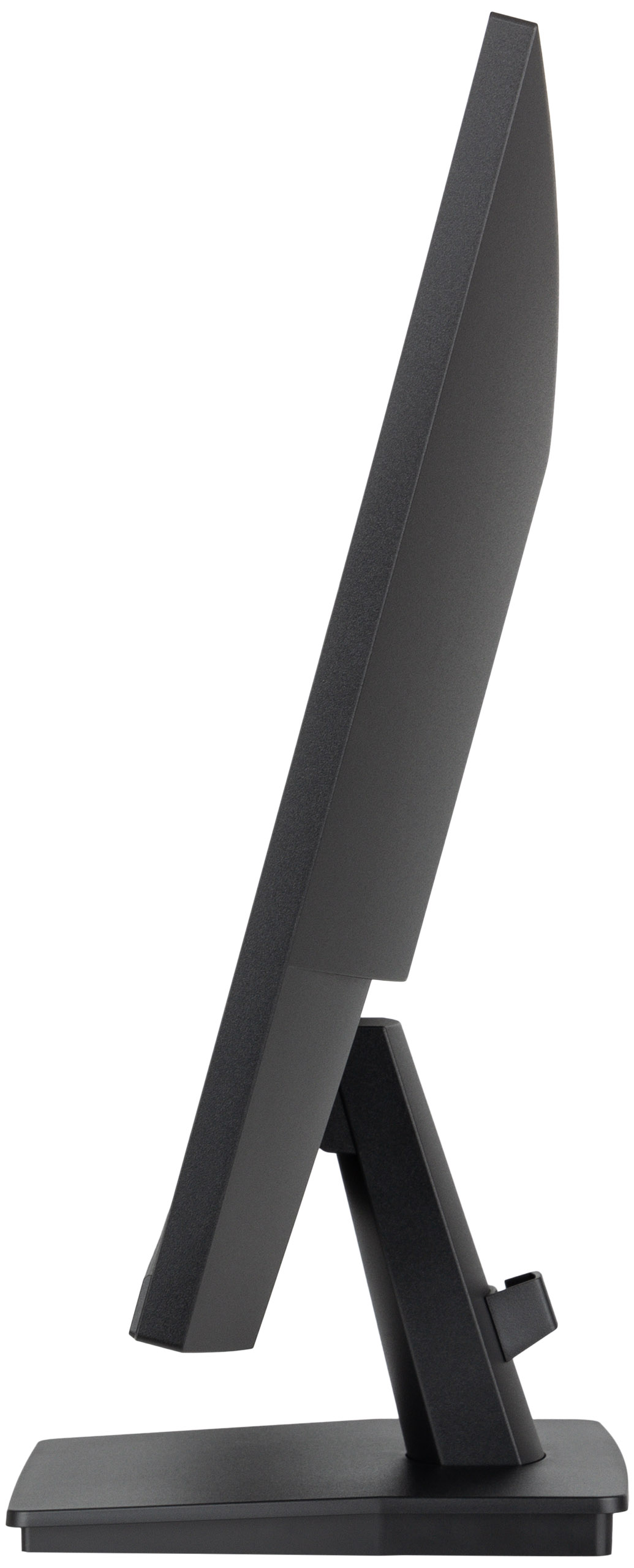 Ein schwarzer Computermonitor wird von der Seite gezeigt. Er steht auf einem Ständer mit rechteckiger Basis. Weißer Hintergrund.