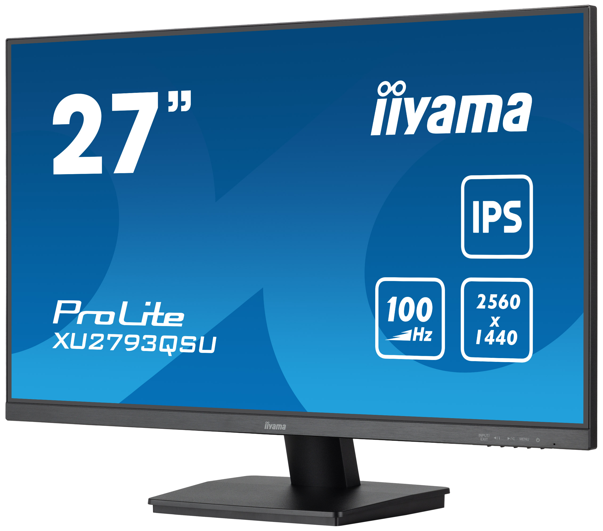Ein 27-Zoll-Computermonitor zeigt die Marke iiyama mit IPS, 100Hz und 2560x1440 Spezifikationen. Es hat einen schwarzen Ständer.