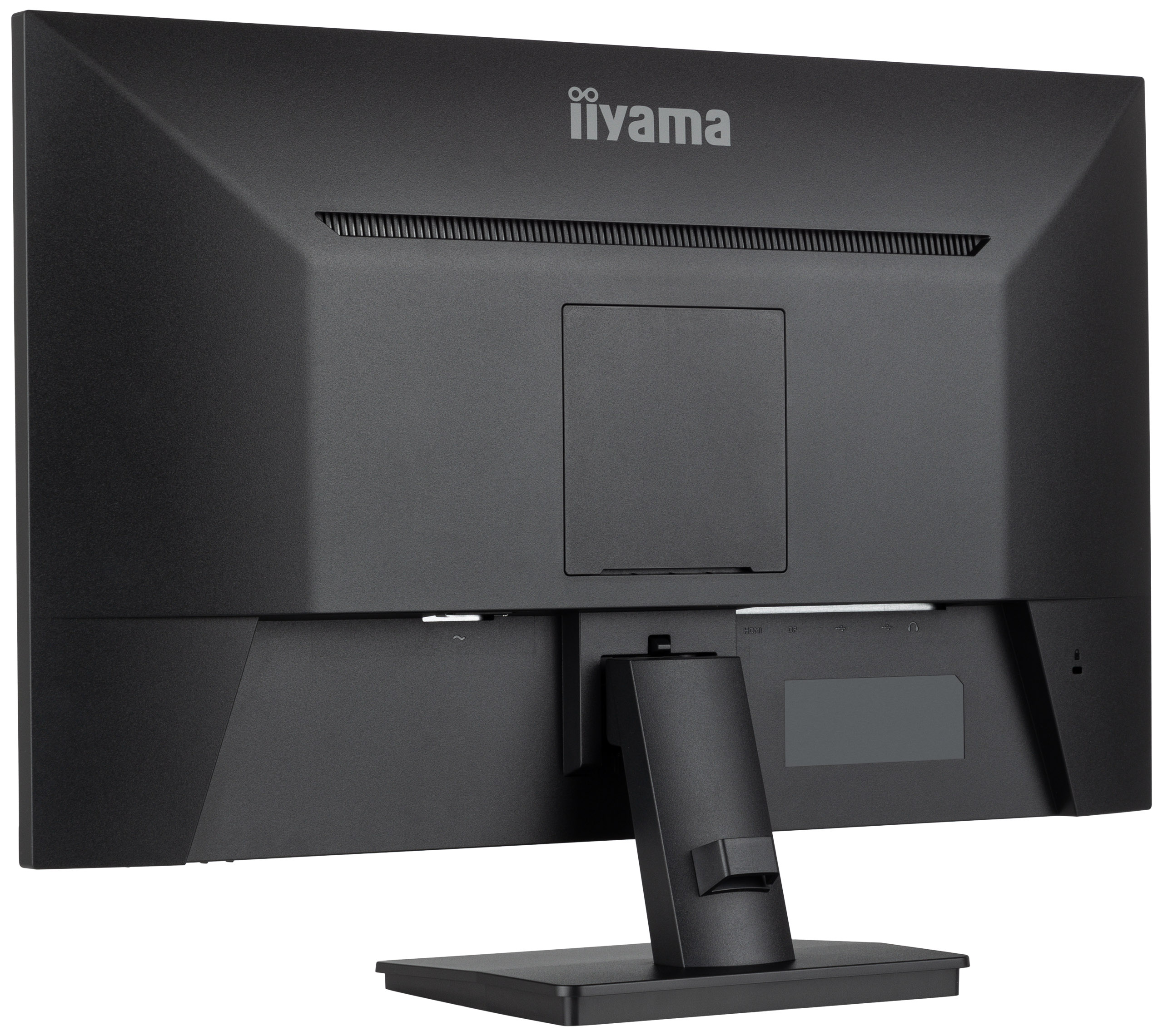 Rückseite eines schwarzen Computermonitors. Es hat das iiyama-Logo. Der Ständer ist unten befestigt.
