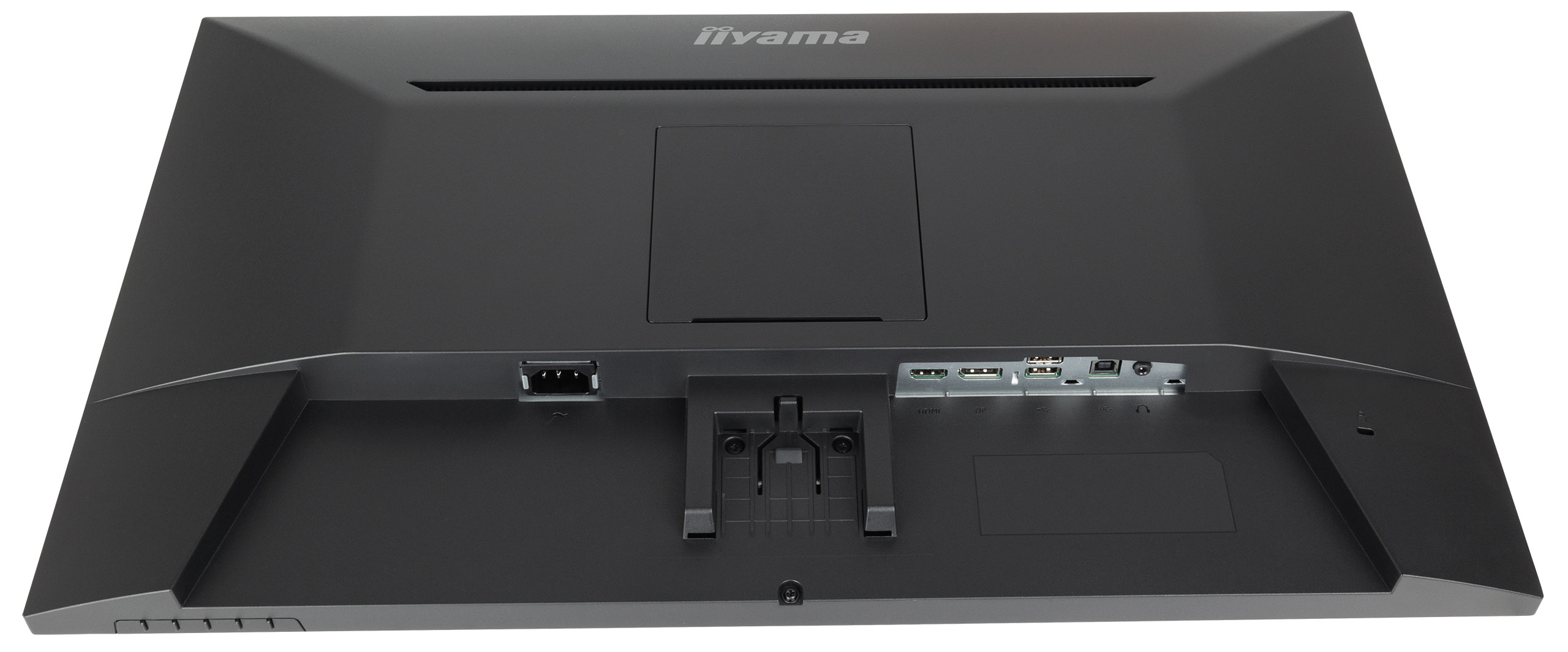 Rückseite eines schwarzen Iiyama-Monitors. Mit Strom-, HDMI-, DP- und USB-Anschlüssen sowie einer Halterung.