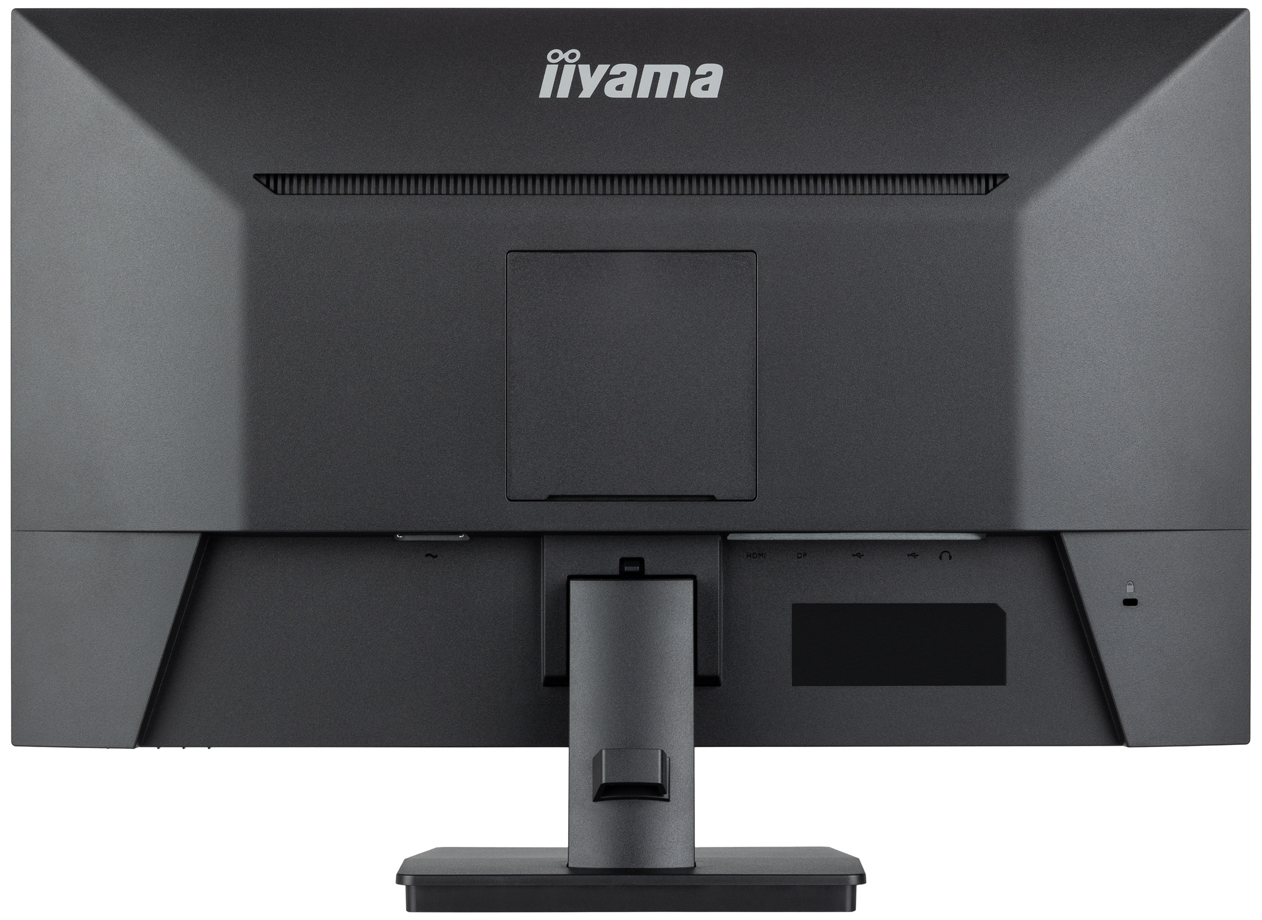 Rückansicht eines schwarzen Computermonitors. Der Markenname 'iiyama' steht oben. Anschlüsse und Ständer sind sichtbar.