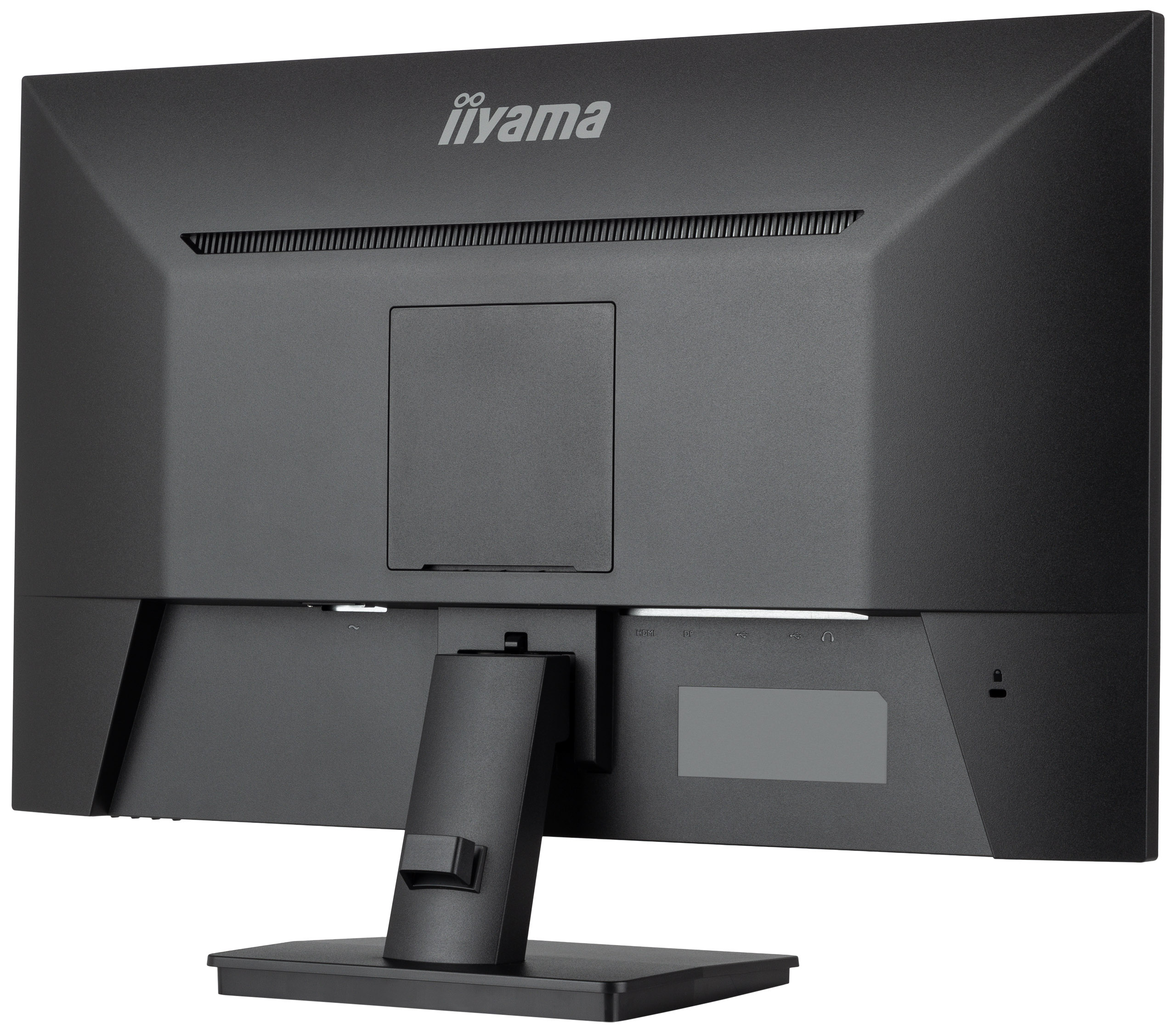 Rückansicht eines schwarzen Iiyama-Monitors. Er hat einen Ständer, Anschlüsse und den Markennamen oben.