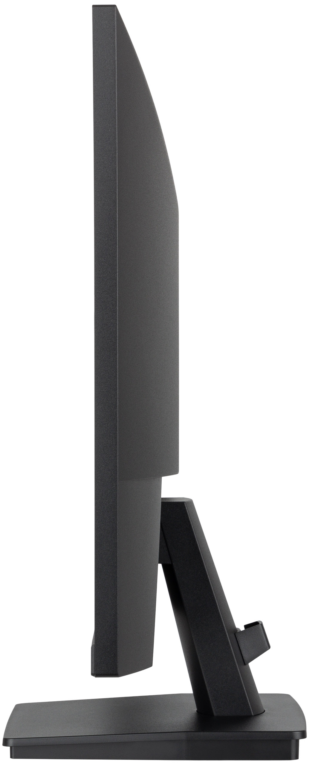 Seitenansicht eines schwarzen Computermonitors auf weißem Hintergrund, mit Bildschirm, Ständer und Sockel.
