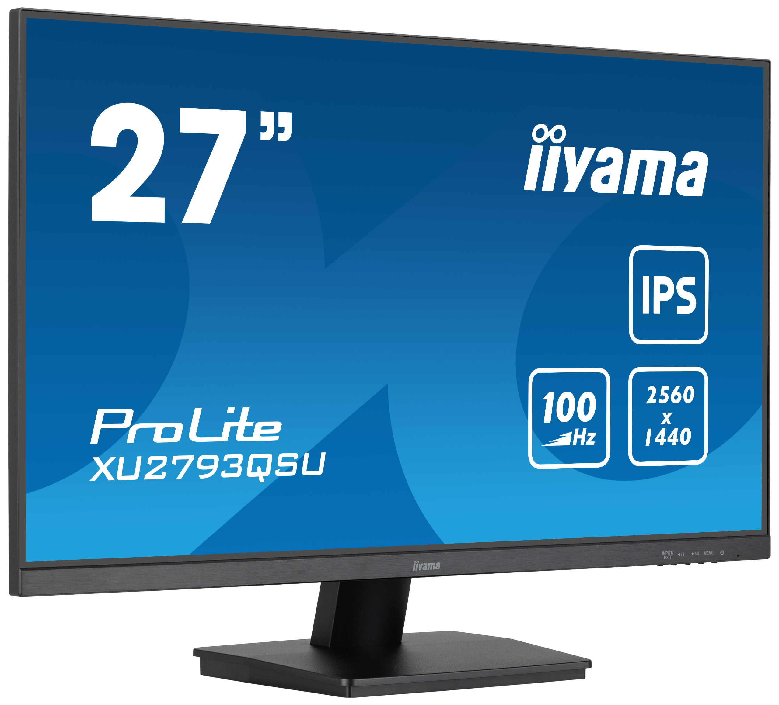 Ein 27-Zoll-Computermonitor mit blauem Bildschirm. Es zeigt den Markennamen iiyama und das Modell ProLite XU2793QSU.