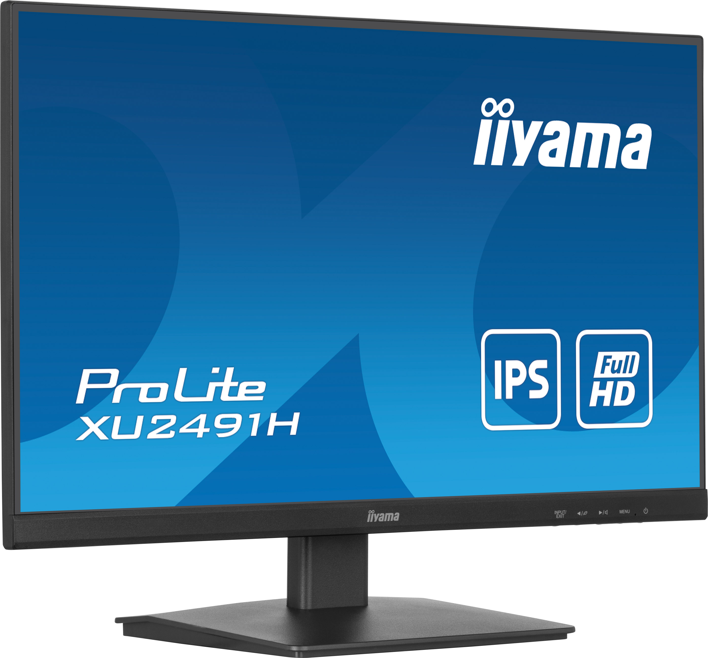Czarny monitor iiyama ProLite XU2491H. Ma niebieski ekran z białym tekstem i logo. Stoi na czarnym stojaku.