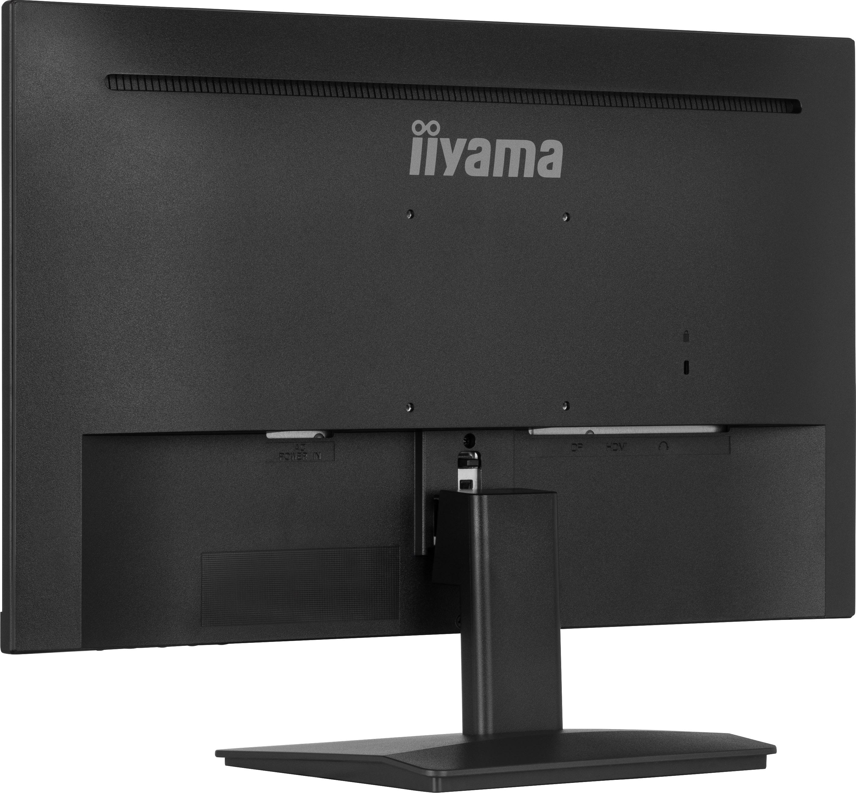 Widok z tyłu czarnego monitora Iiyama. Ma podstawkę i porty. Widoczne jest logo.