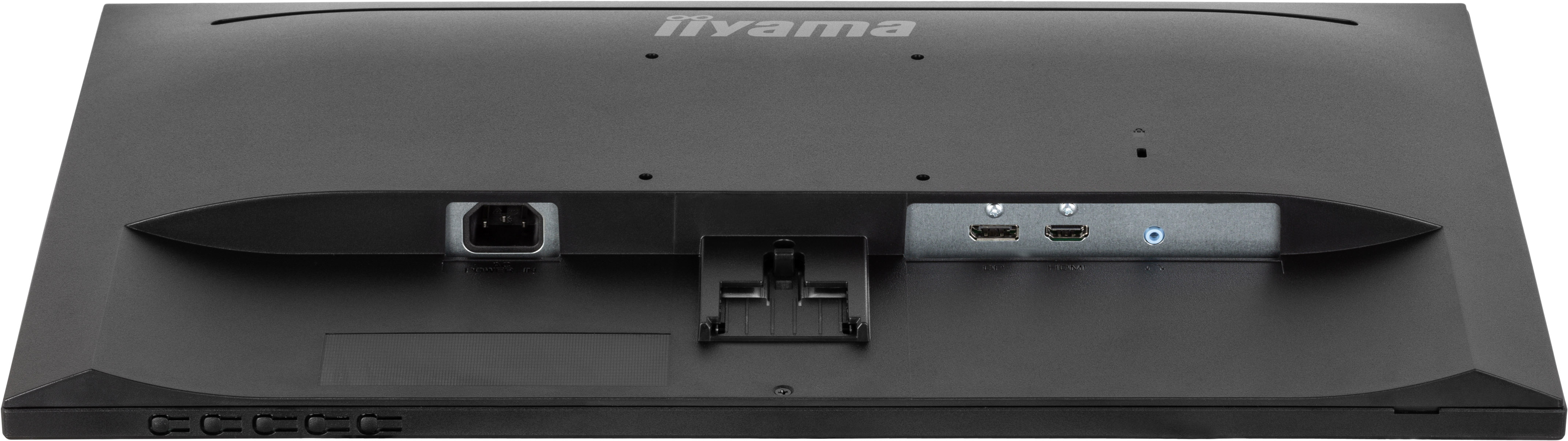 Tył czarnego monitora Iiyama z portami zasilania i połączeń. Widoczne jest logo Iiyama.