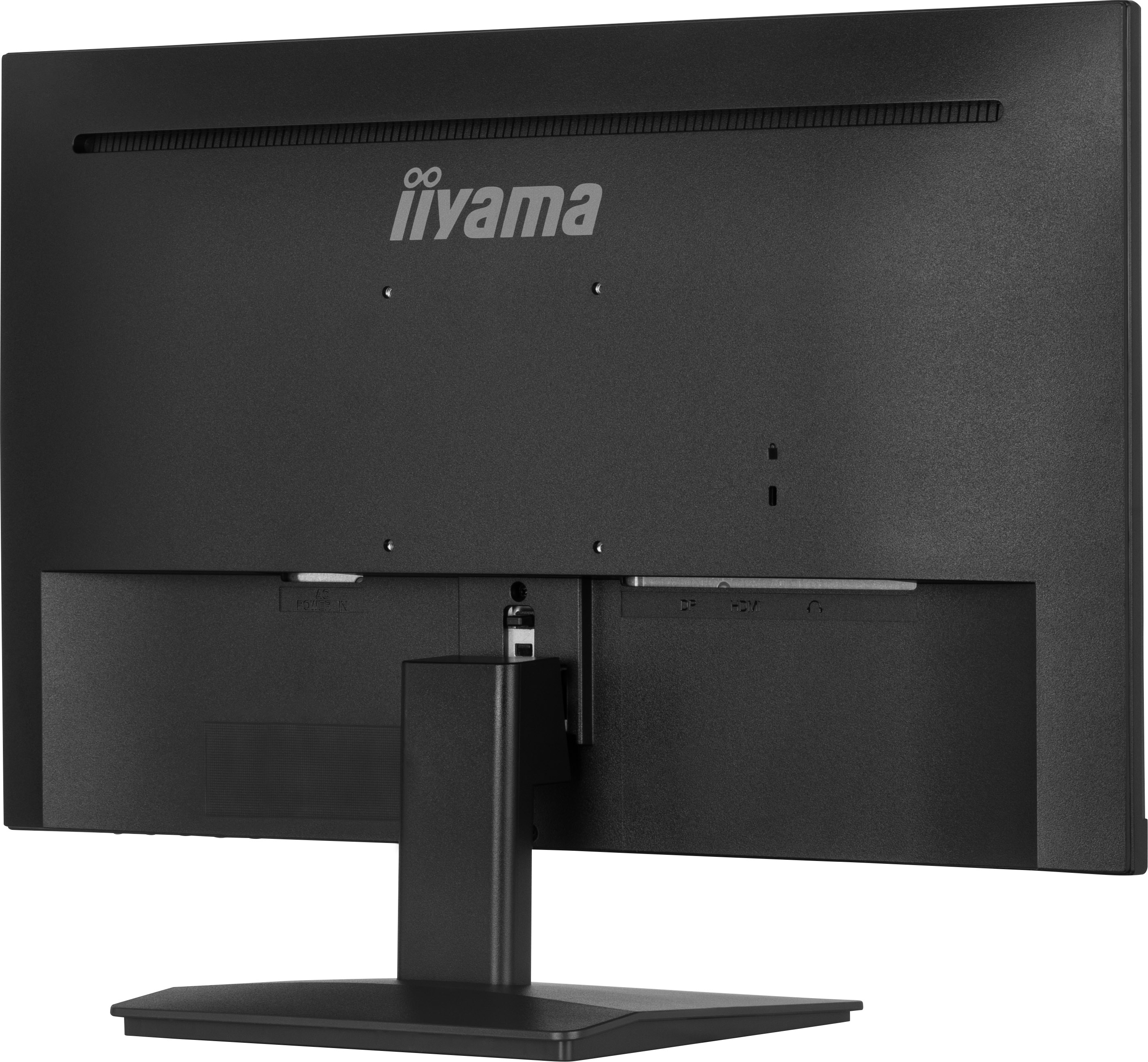 Tył czarnego monitora komputerowego z logo iiyama. Posiada podstawkę i różne porty.