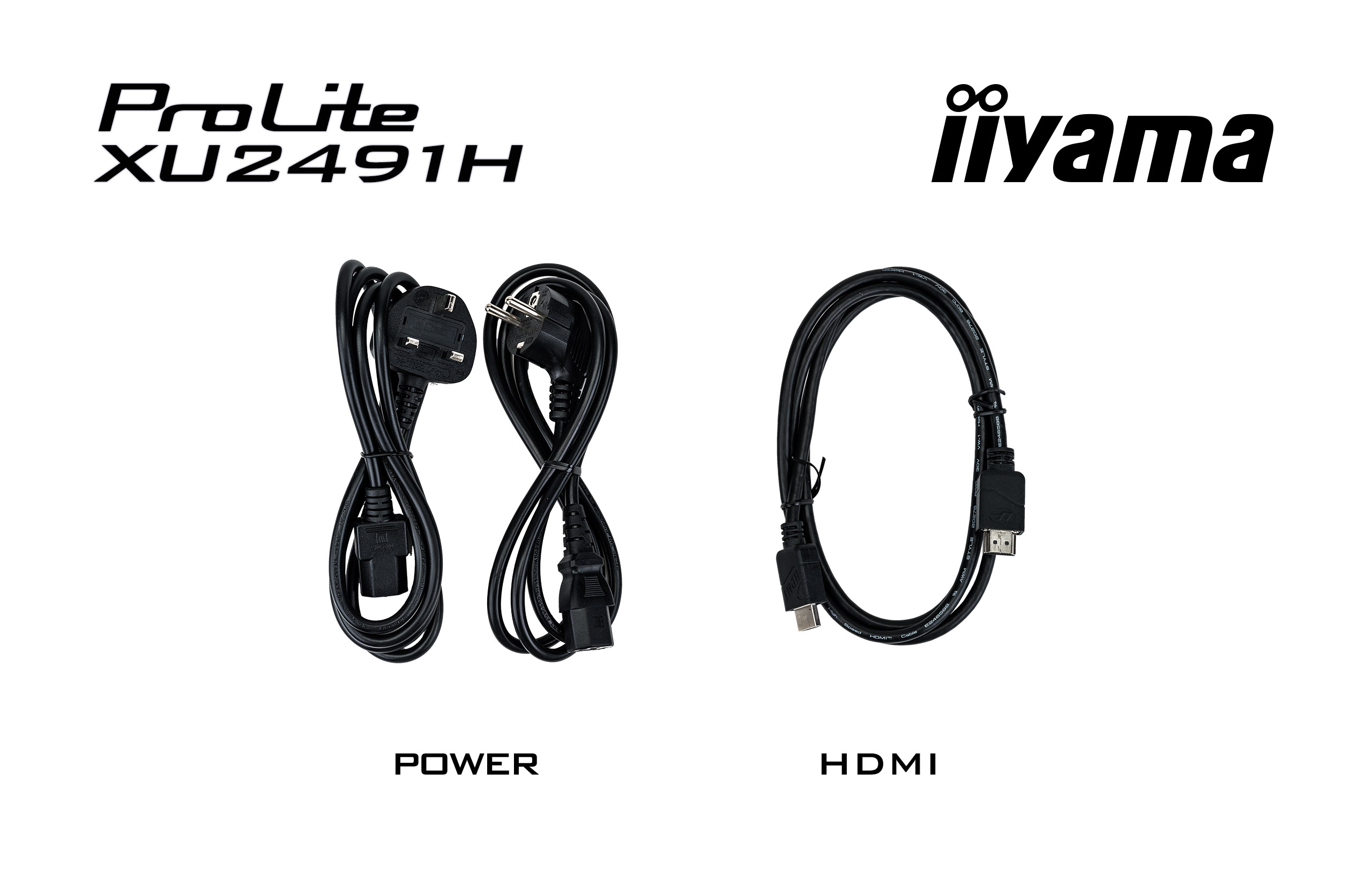 Obraz z kablami zasilającymi i HDMI, białym tłem oraz logo iiyama i ProLite.