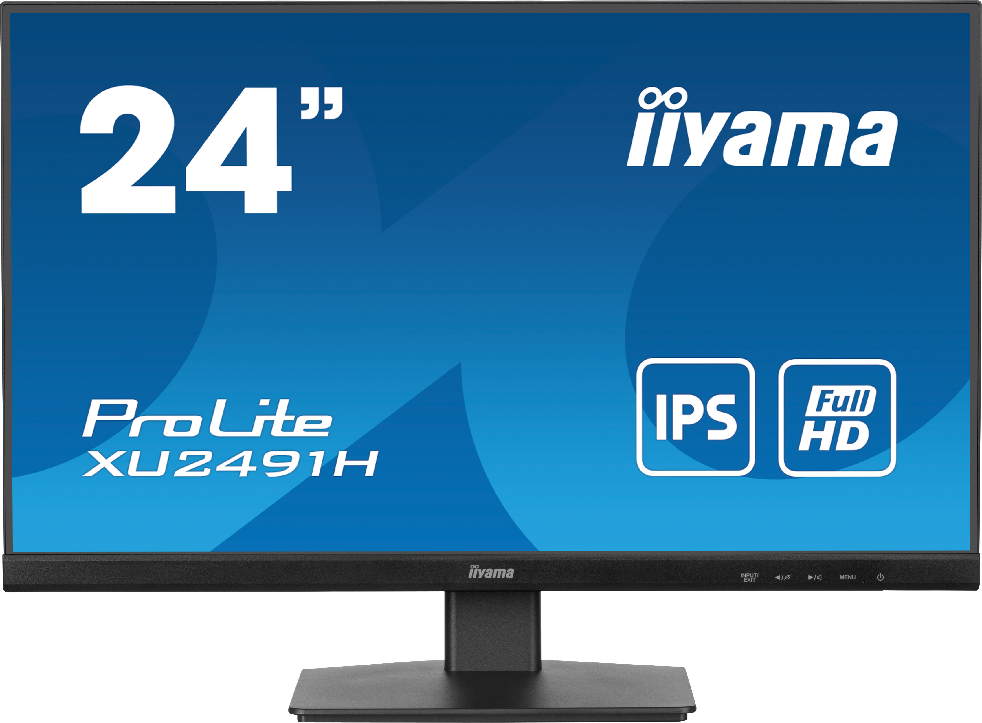 Monitor Iiyama 24 cale. Funkcje: IPS, Full HD i ProLite. Niebieski ekran z białym tekstem.