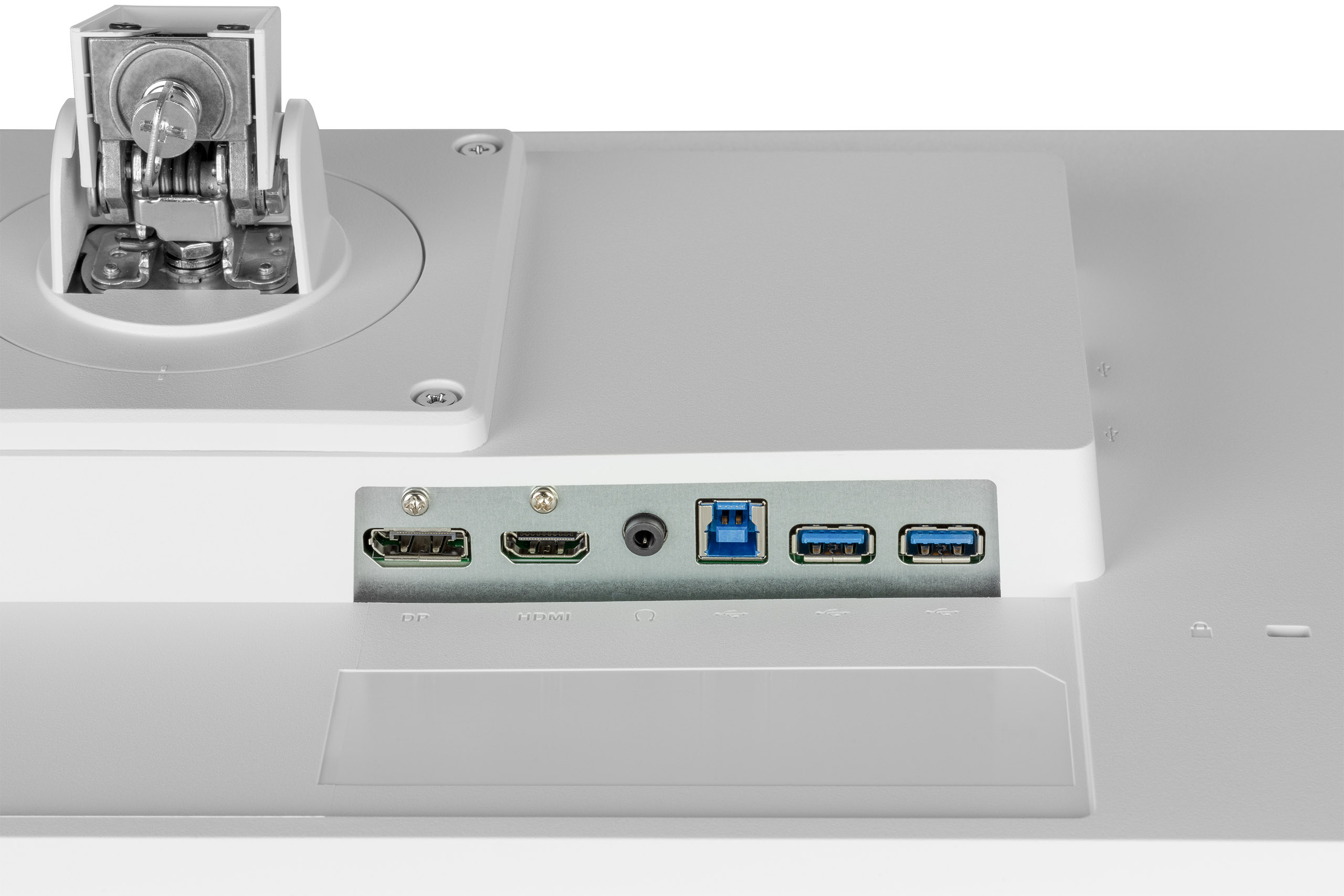 Nahaufnahme der Rückseite eines Monitors. Anzeigeanschlüsse, USB-Anschlüsse und Monitorständer sind sichtbar.