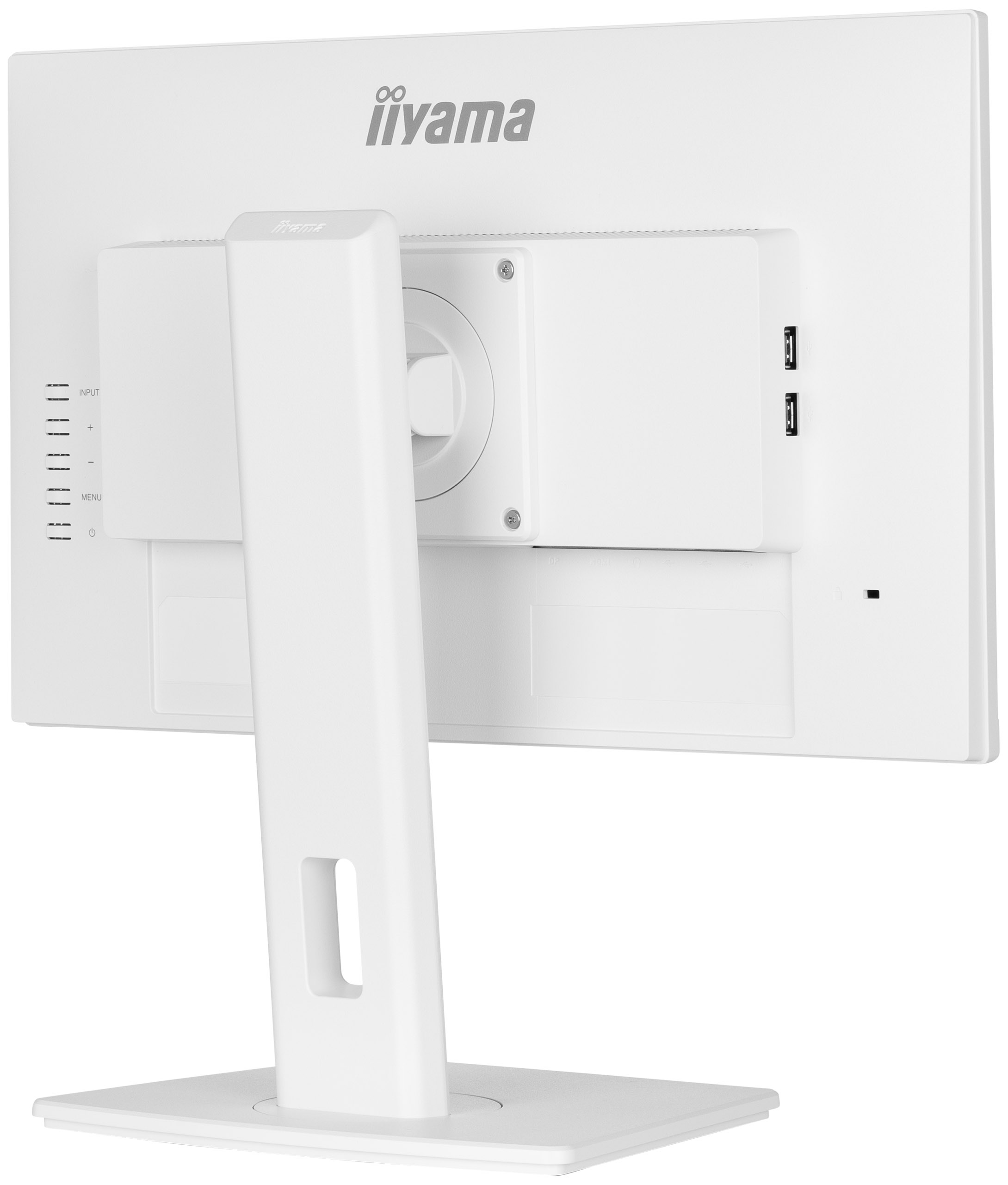 Ein weißer Computermonitor mit Ständer, die Rückseite ist sichtbar. Der Markenname iiyama steht oben.