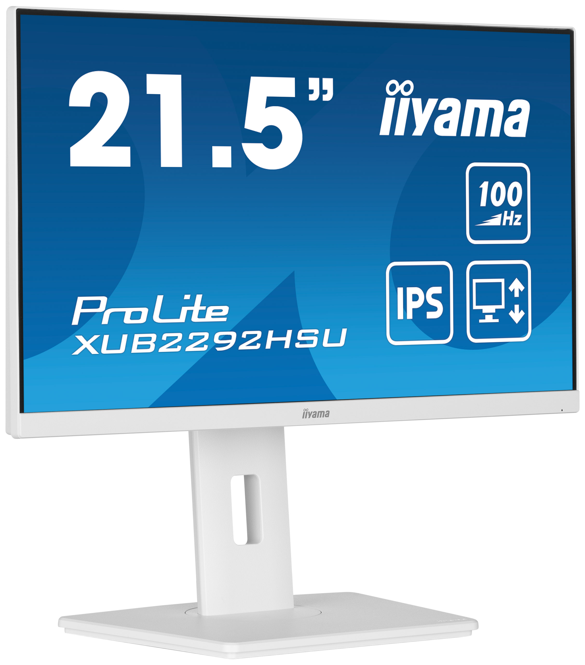 Ein weißer Iiyama-Monitor mit blauem Bildschirm, der Produktinformationen anzeigt. Er hat einen Ständer und einen Rahmen. Der Bildschirm zeigt 21,5 Zoll an.