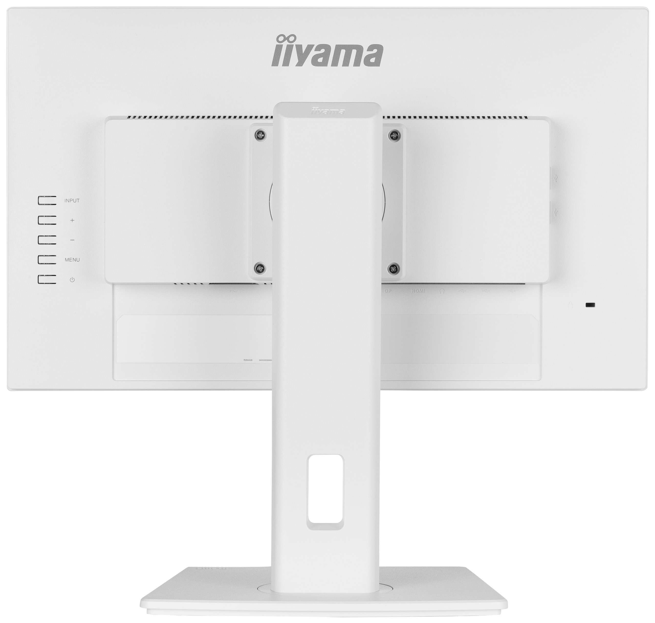 Rückseite eines weißen Computermonitors mit Ständer. Das iiyama-Logo befindet sich oben. Eingabe-, Menü- und Ein/Aus-Tasten sind sichtbar.