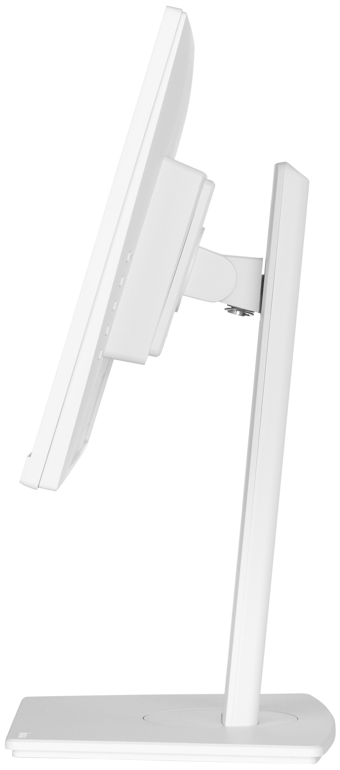 Ein weißer Computermonitor ist nach links abgewinkelt. Er ist mit einem Ständer verbunden. Der Monitor steht auf einer weißen Oberfläche.