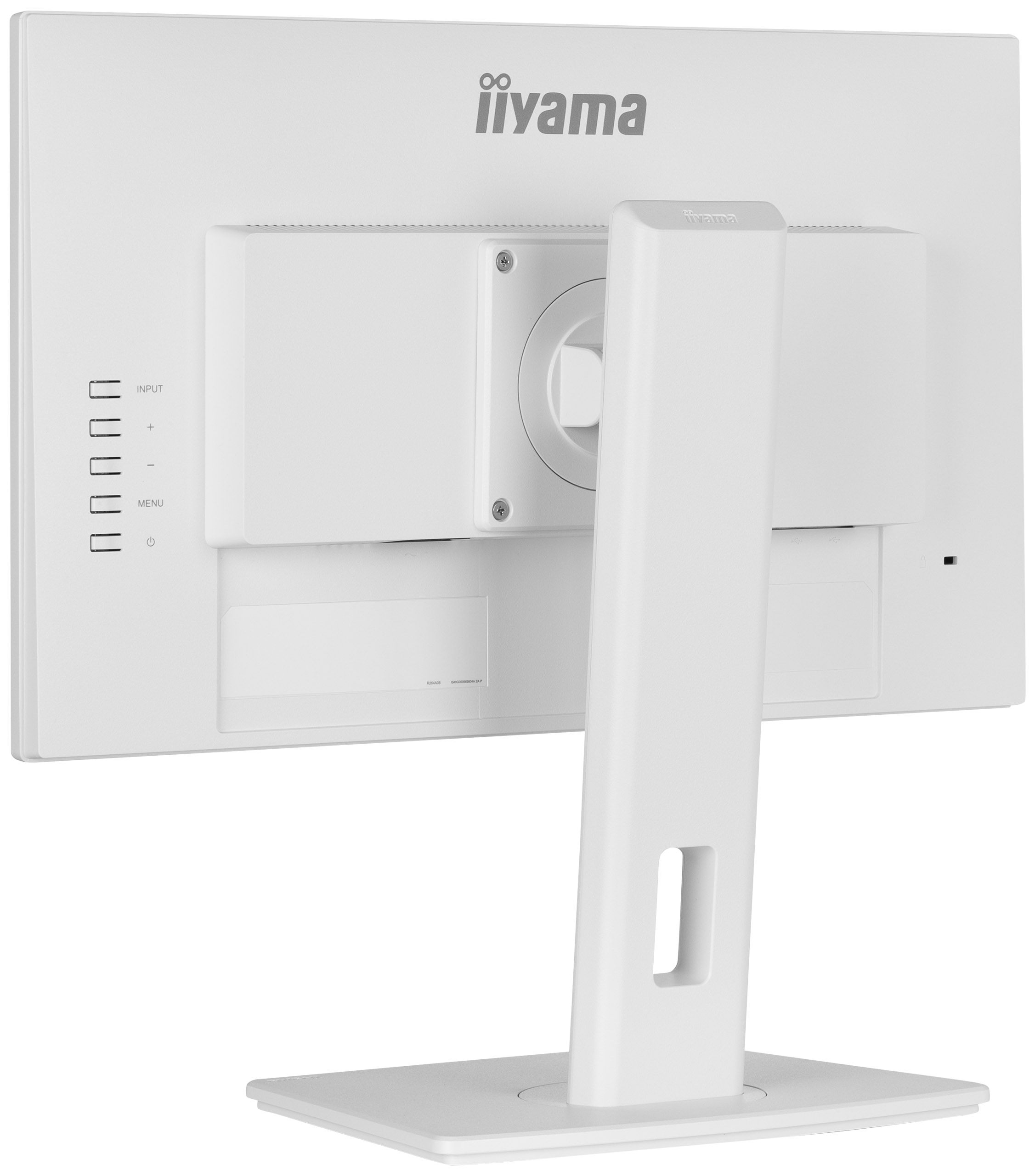 Ein weißer iiyama-Monitor. Die Rückseite zeigt den Ständer, Eingangstasten und das iiyama-Logo.