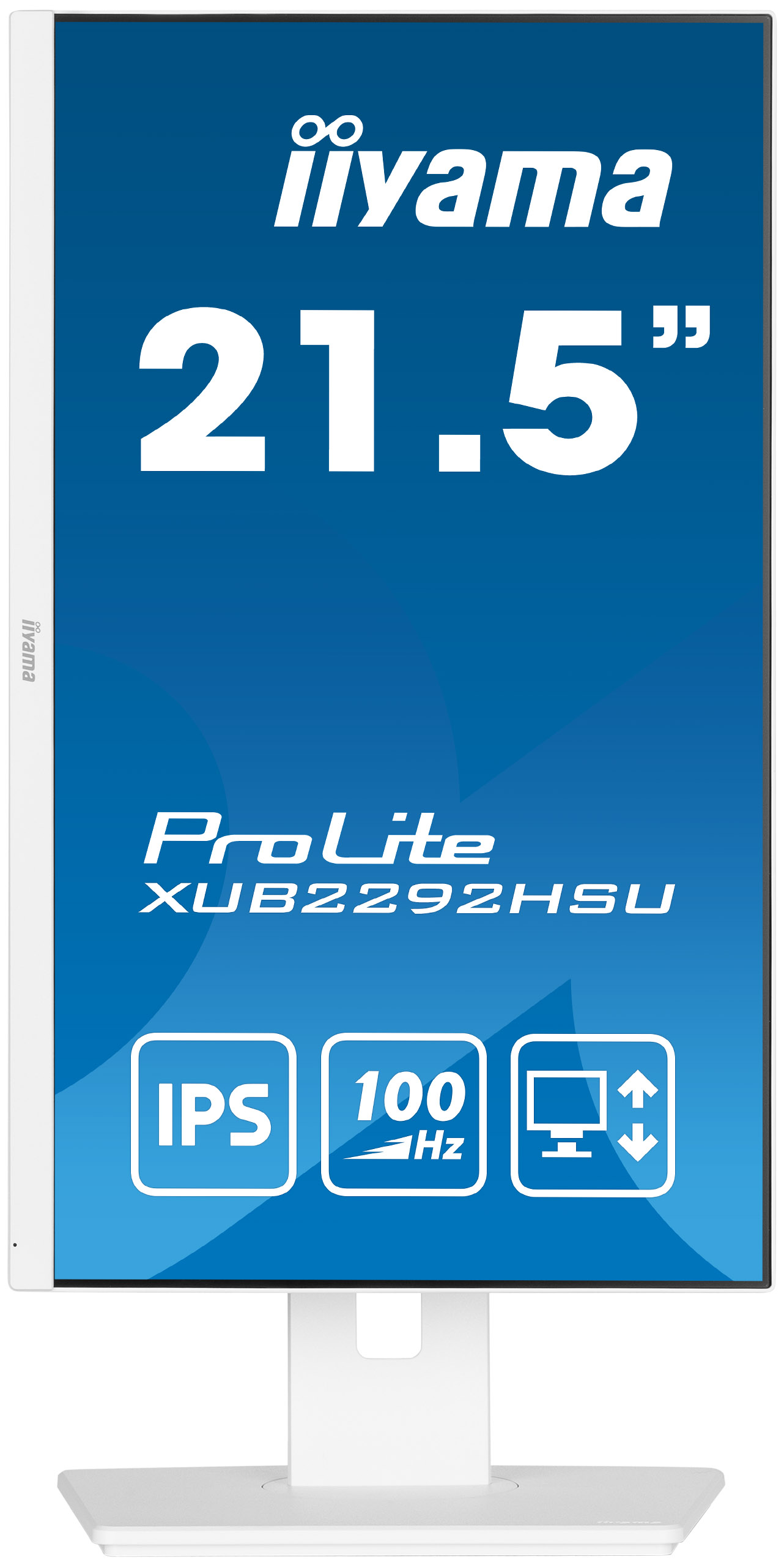 Ein iiyama-Monitor mit blauem Hintergrund. Der Text enthält '21,5", ProLite, IPS, 100Hz und ein Monitorsymbol mit Pfeilen.