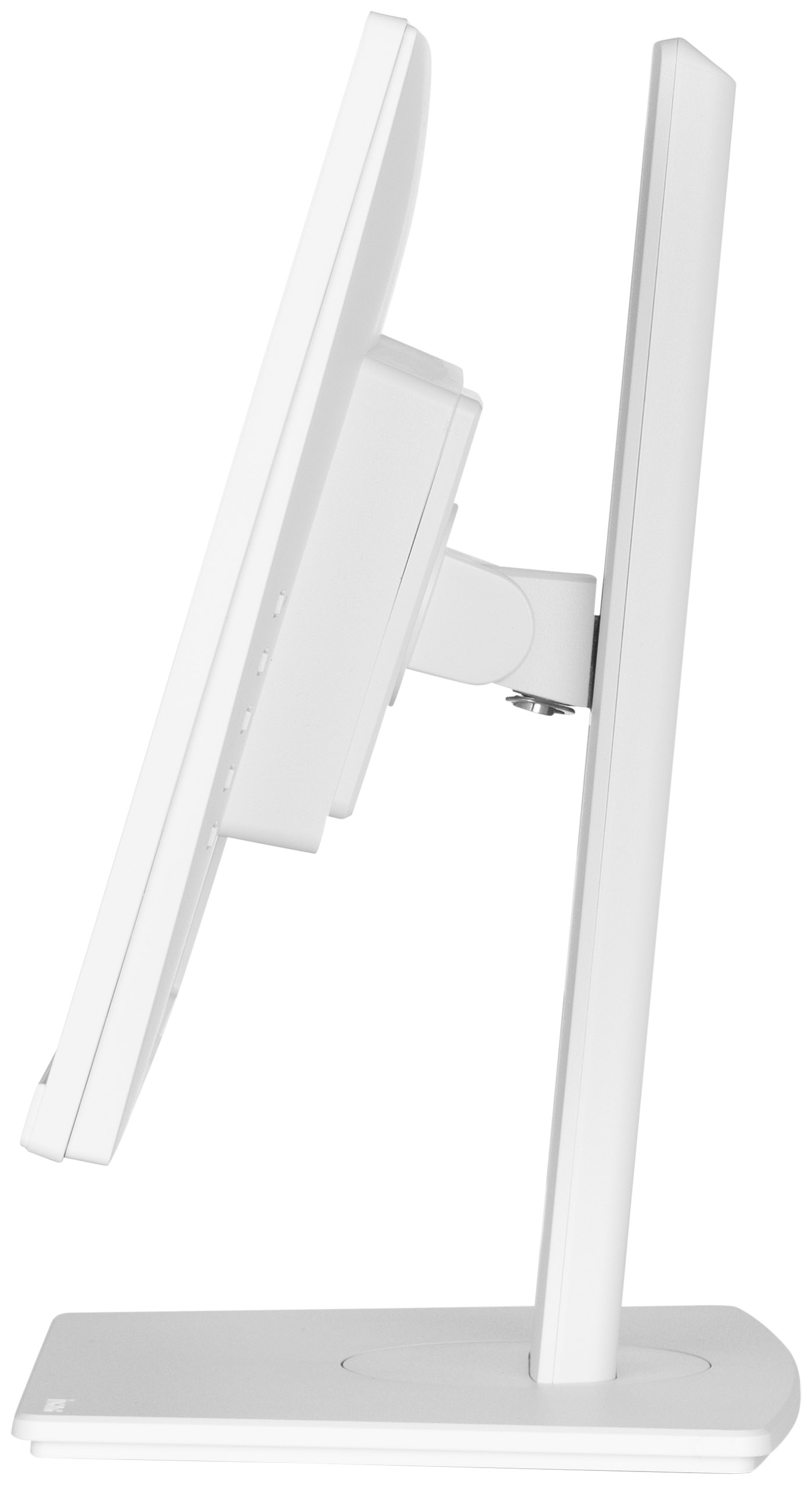 Ein weißer Computermonitor wird von der Seite gezeigt. Er hat einen rechteckigen Bildschirm, einen Ständer und einen Verbindungsarm.