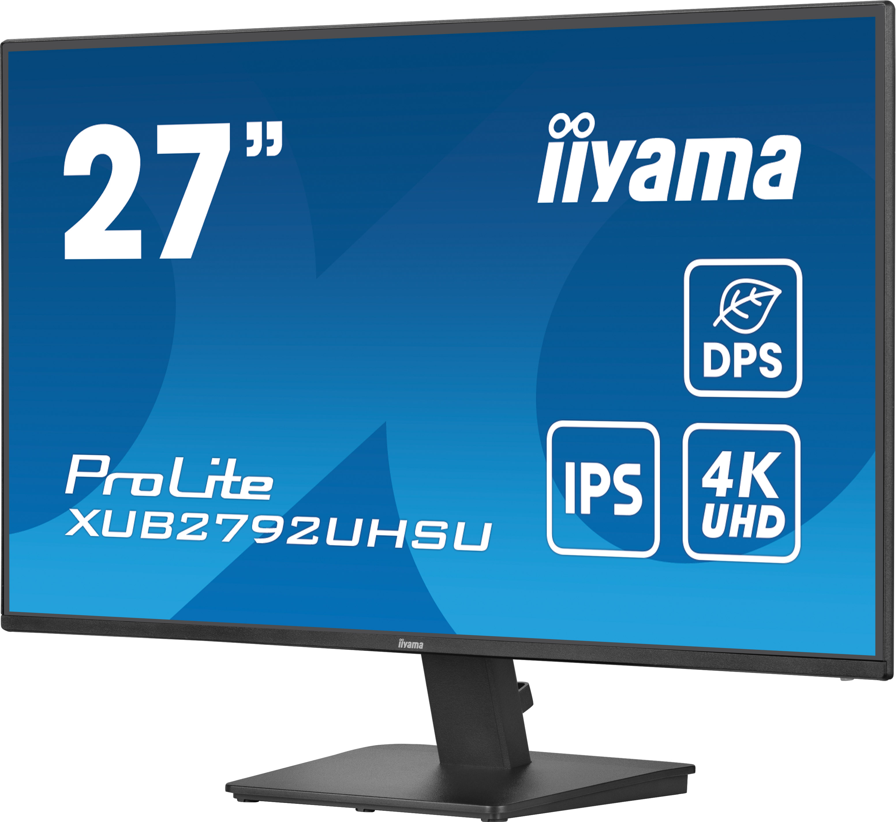 Ein iiyama ProLite 27" Monitor. Merkmale sind IPS, 4K UHD und DPS. Der Bildschirm ist blau mit weißem Text.