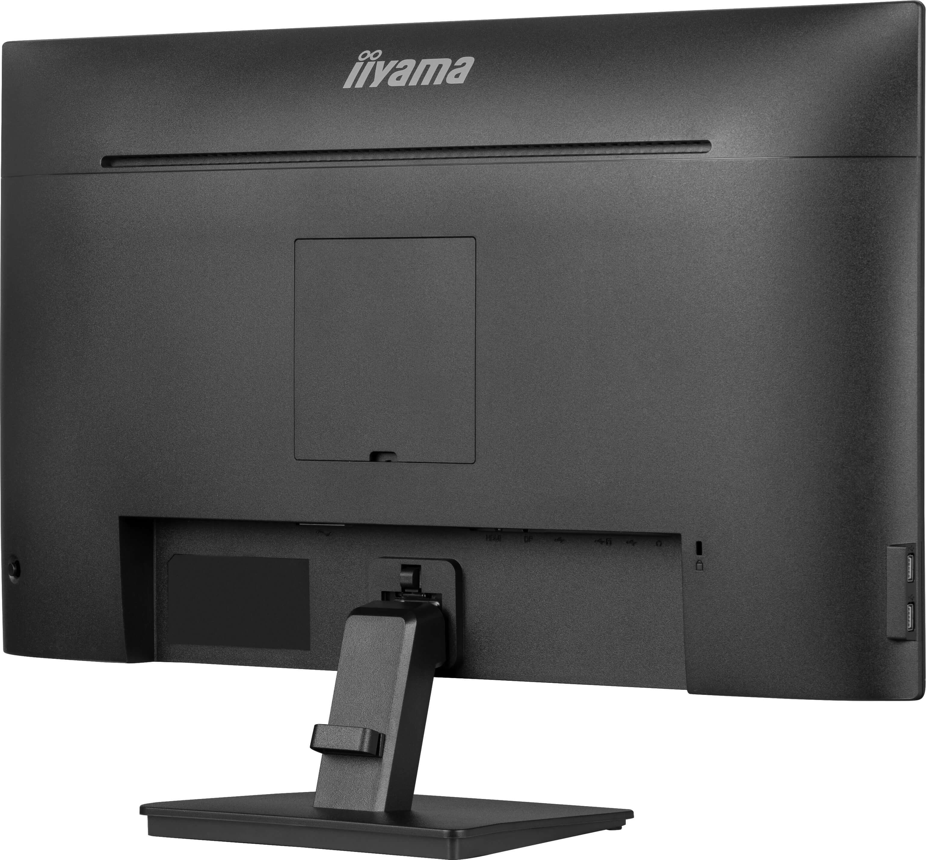 Rückseite eines schwarzen Iiyama-Monitors mit Ständer. Anschlüsse und Logo sind sichtbar. Der Monitor steht auf einem schwarzen Schreibtisch.