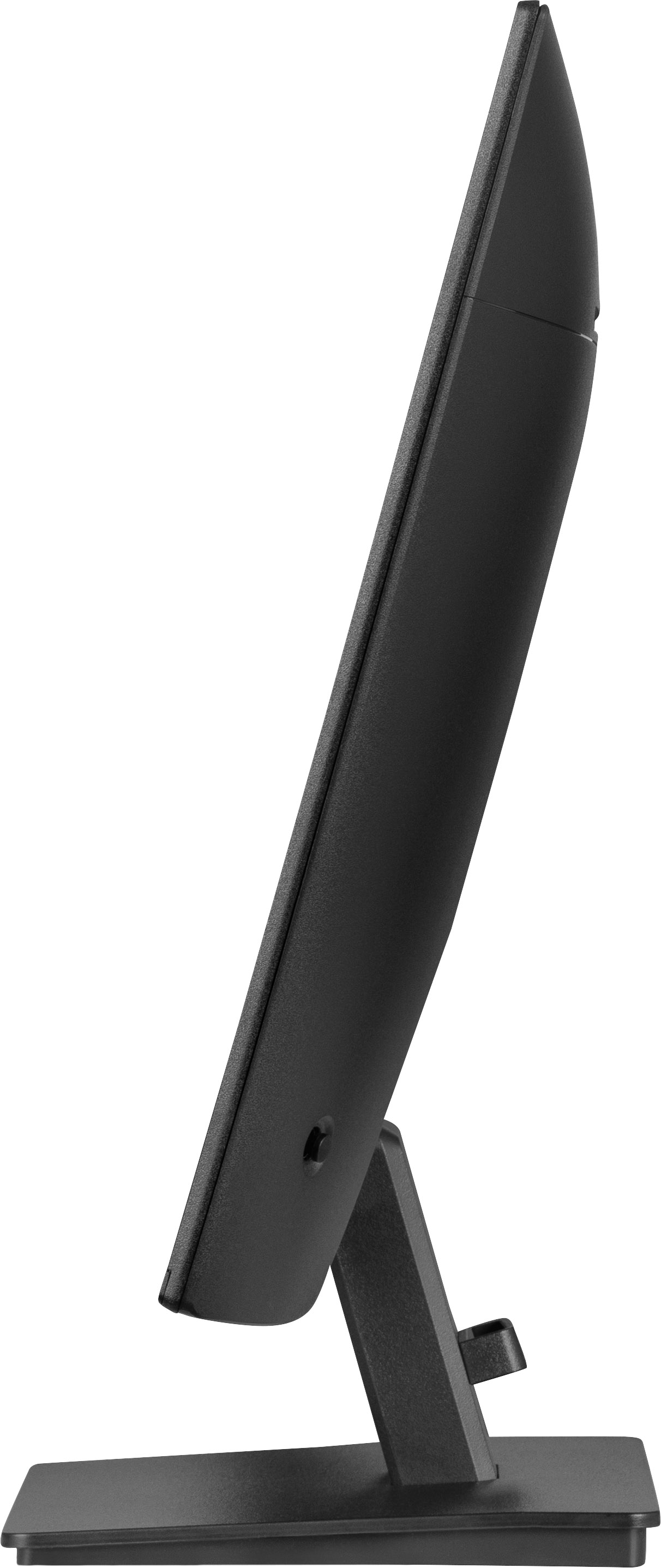 Ein schwarzer Computermonitor, der zur Seite geneigt ist und auf einem schwarzen Sockel und Ständer vor weißem Hintergrund steht.