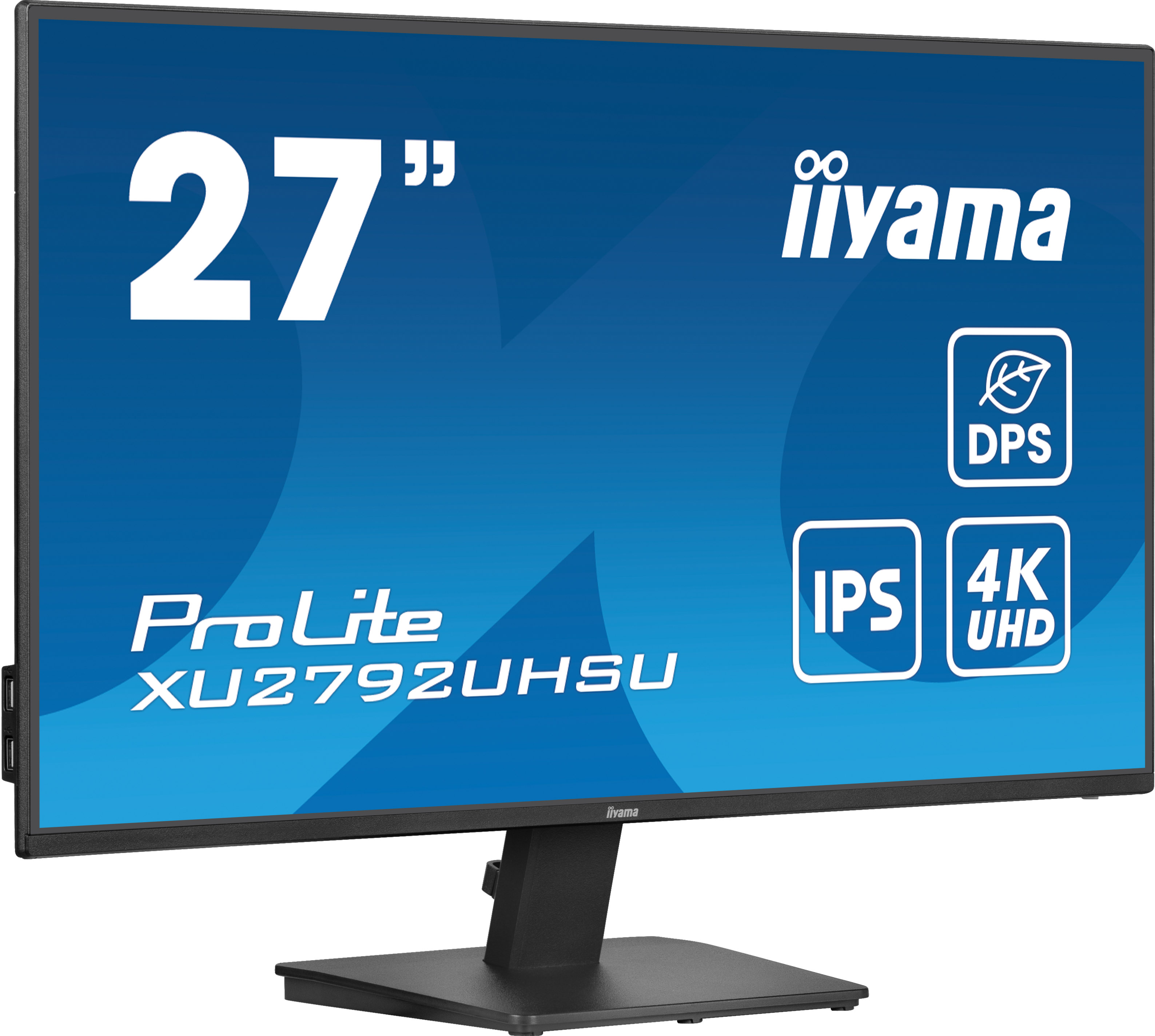 Iiyama ProLite Monitor. Er ist 27 Zoll groß, hat IPS, 4K UHD und DPS. Der Hintergrund ist blau, der Ständer schwarz.